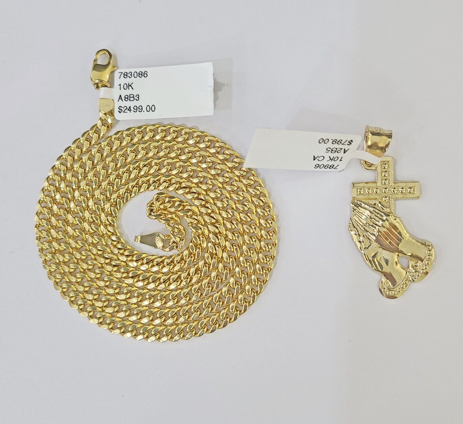 10k Yellow Gold Miami Cuban Chain & Praying Hands Cross Charm SET 3mm 22 Inches - GoldenlinQ