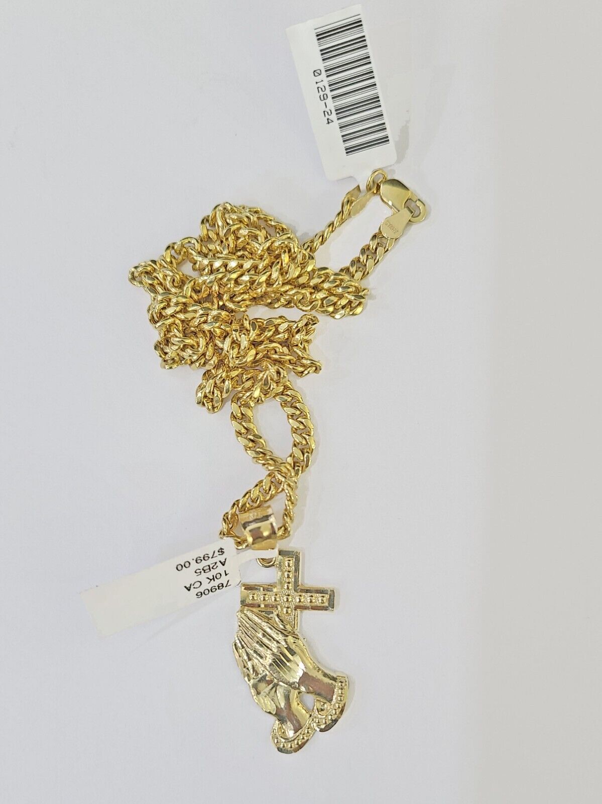 10k Yellow Gold Miami Cuban Chain & Praying Hands Cross Charm SET 3mm 22 Inches - GoldenlinQ