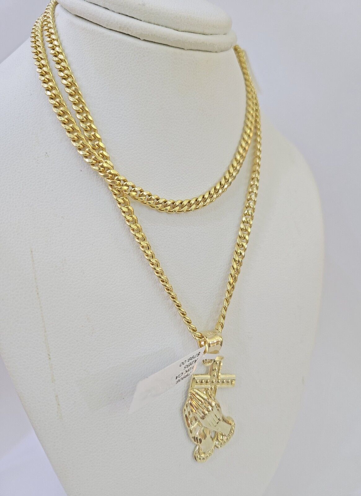 10k Yellow Gold Miami Cuban Chain & Praying Hands Cross Charm SET 3mm 22 Inches - GoldenlinQ