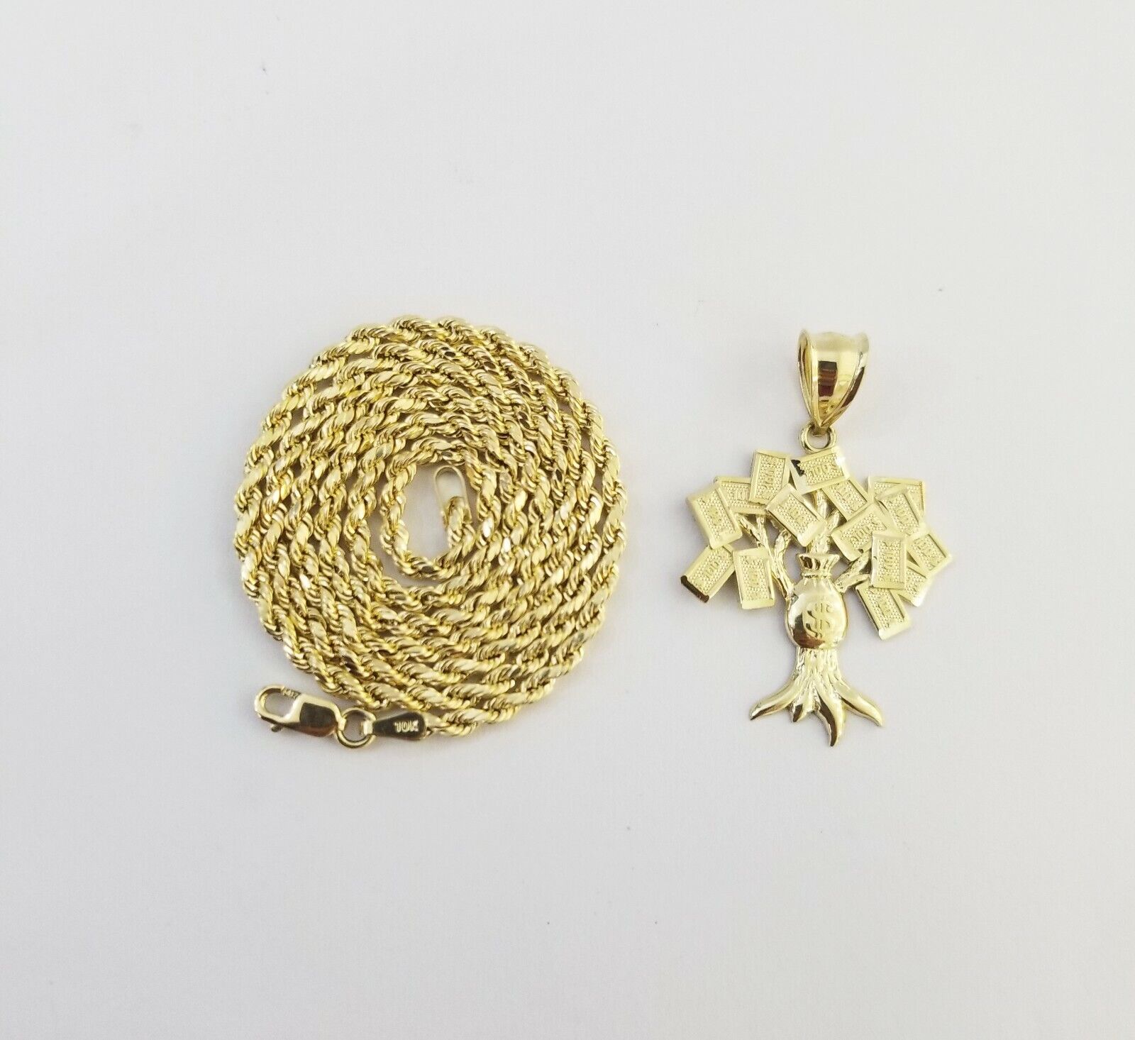 10k Yellow Gold Money Tree Pendant with 18 inch rope chain 3mm 10kt gold set - GoldenlinQ