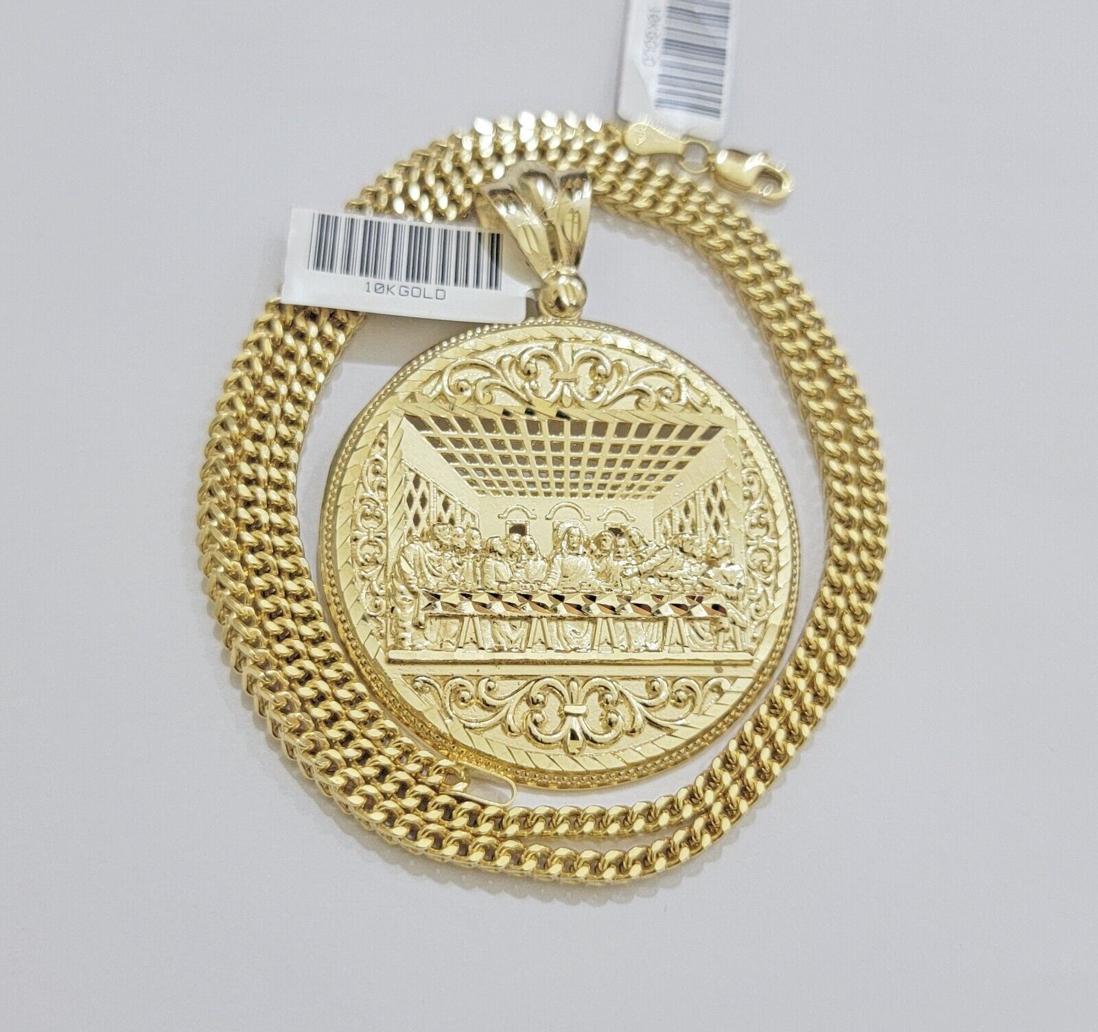 10k Yellow Gold Necklace 22" Franco Chain & Last Supper Charm Pendant SET REAL - GoldenlinQ