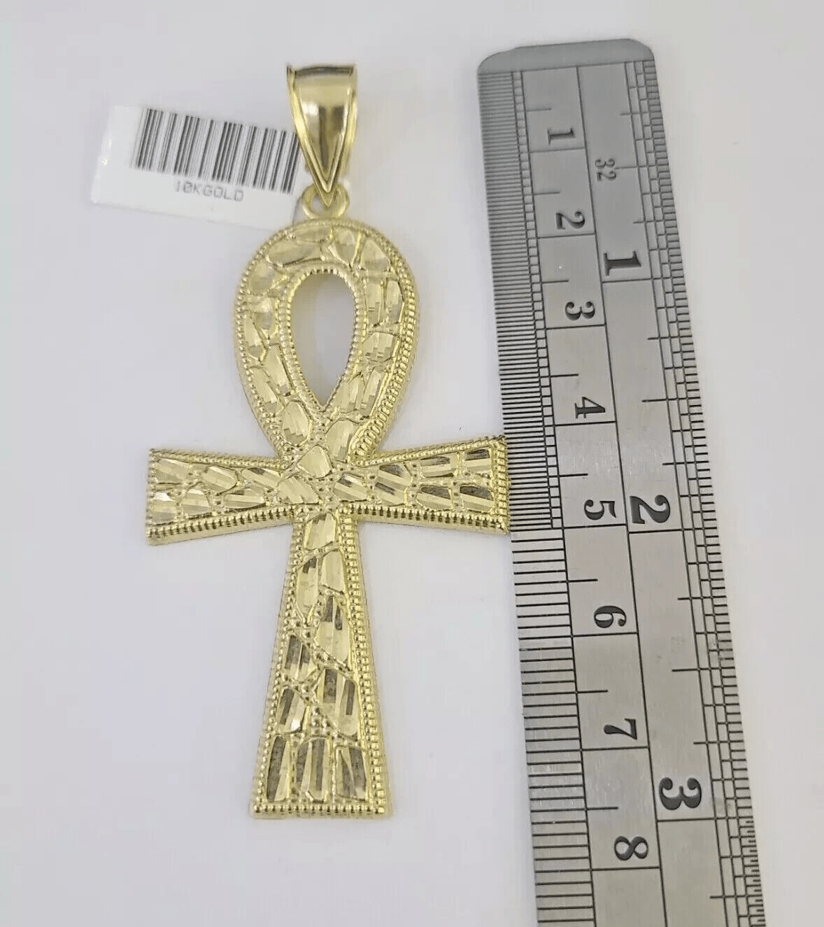 10k Yellow Gold Nugget Ankh Charm Pendant 2.75 Inch For Men's REAL 10KT Gold - GoldenlinQ