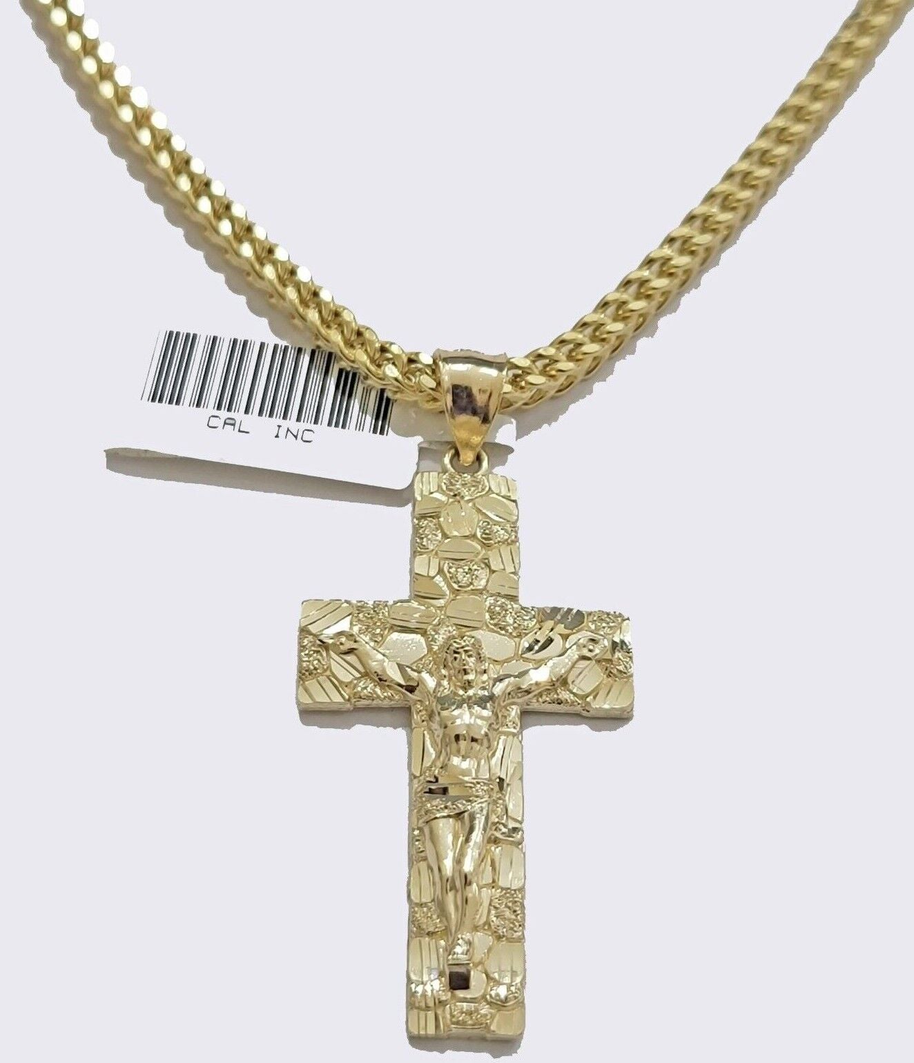 10k Yellow Gold Nugget Charm & Franco Chain Necklace 3mm 24" Inch Real 10KT SET - GoldenlinQ