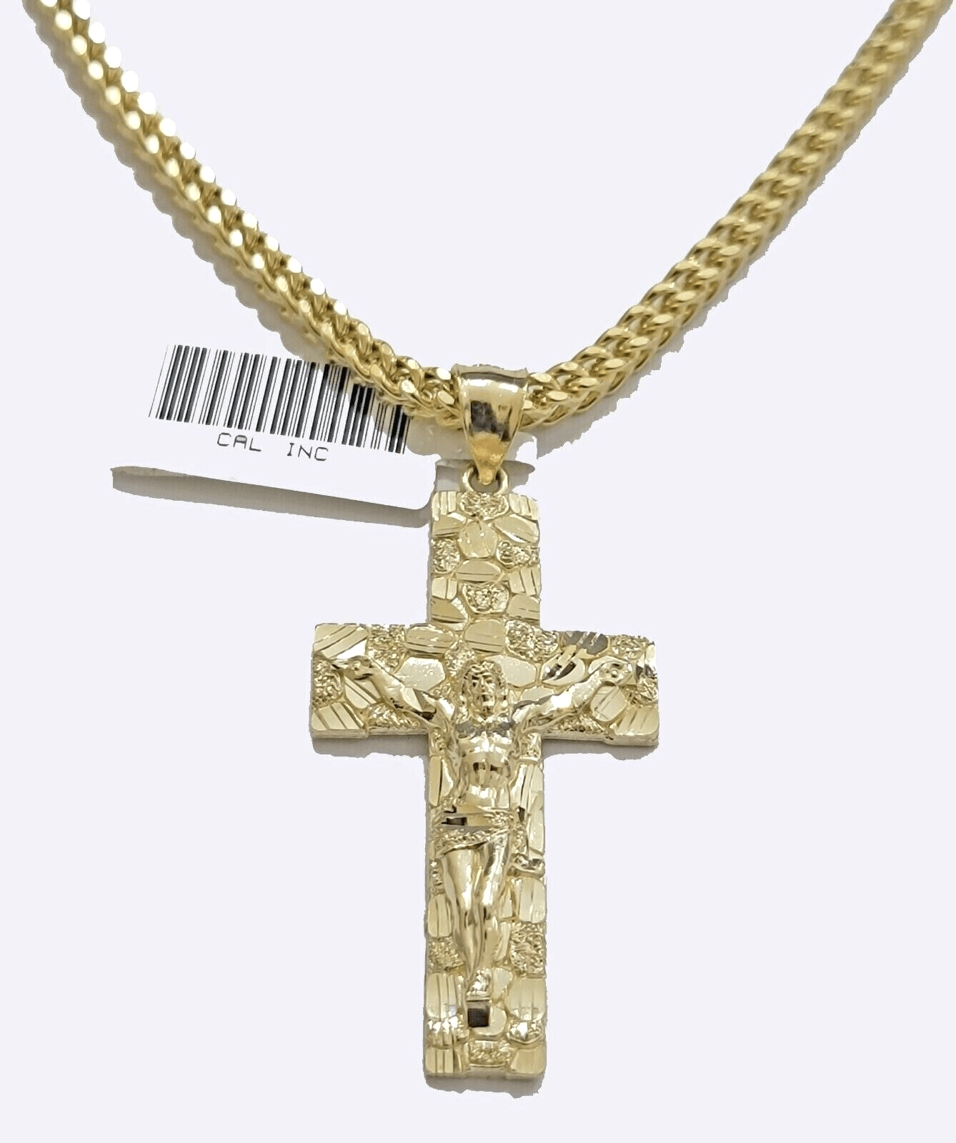 10k Yellow Gold Nugget Jesus Cross Charm Pendant 2'' inches Real 10kt SALE Chain - GoldenlinQ