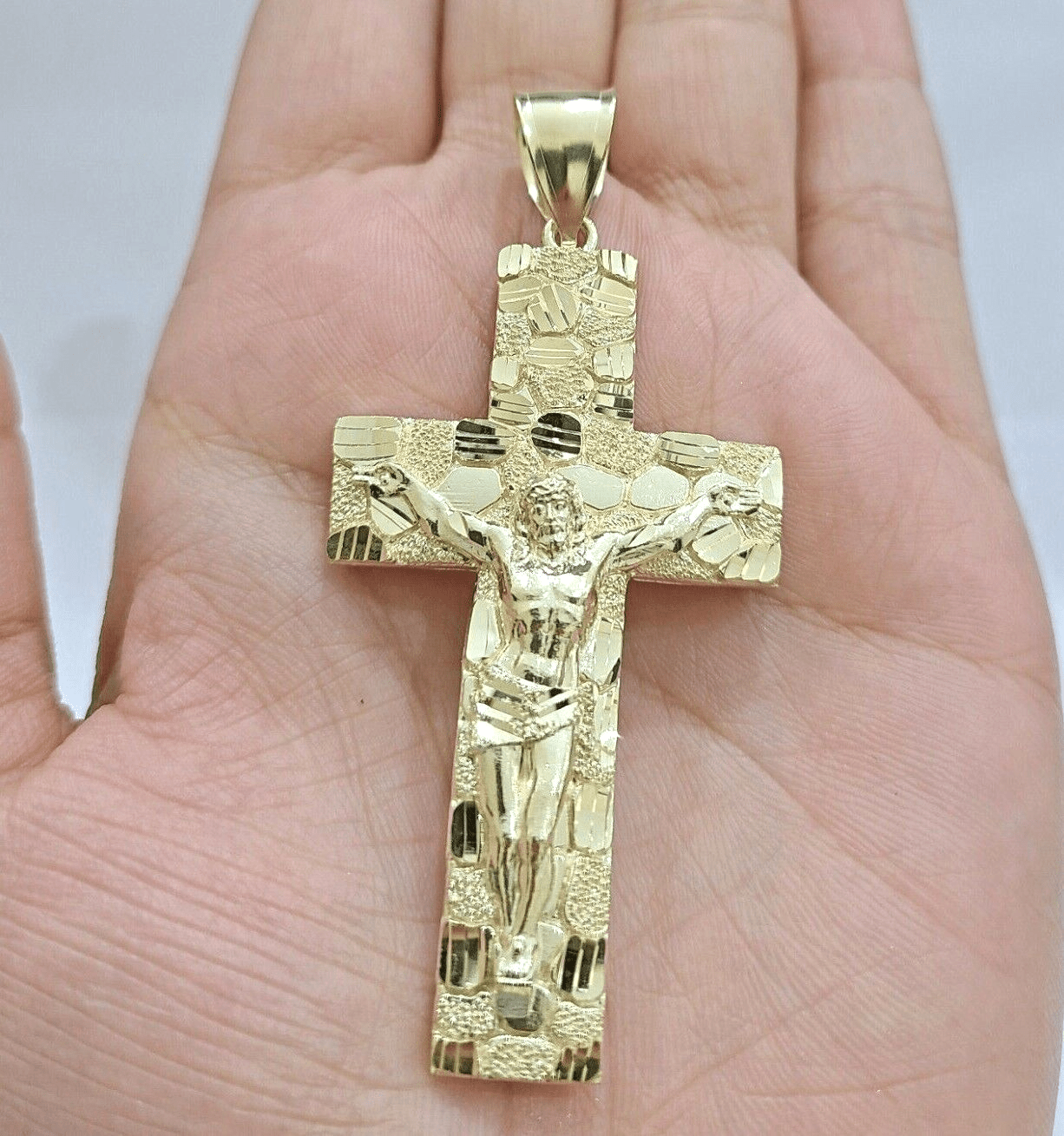 10k Yellow Gold Nugget Jesus Cross Charm Pendant 2'' inches Real 10kt SALE Chain - GoldenlinQ