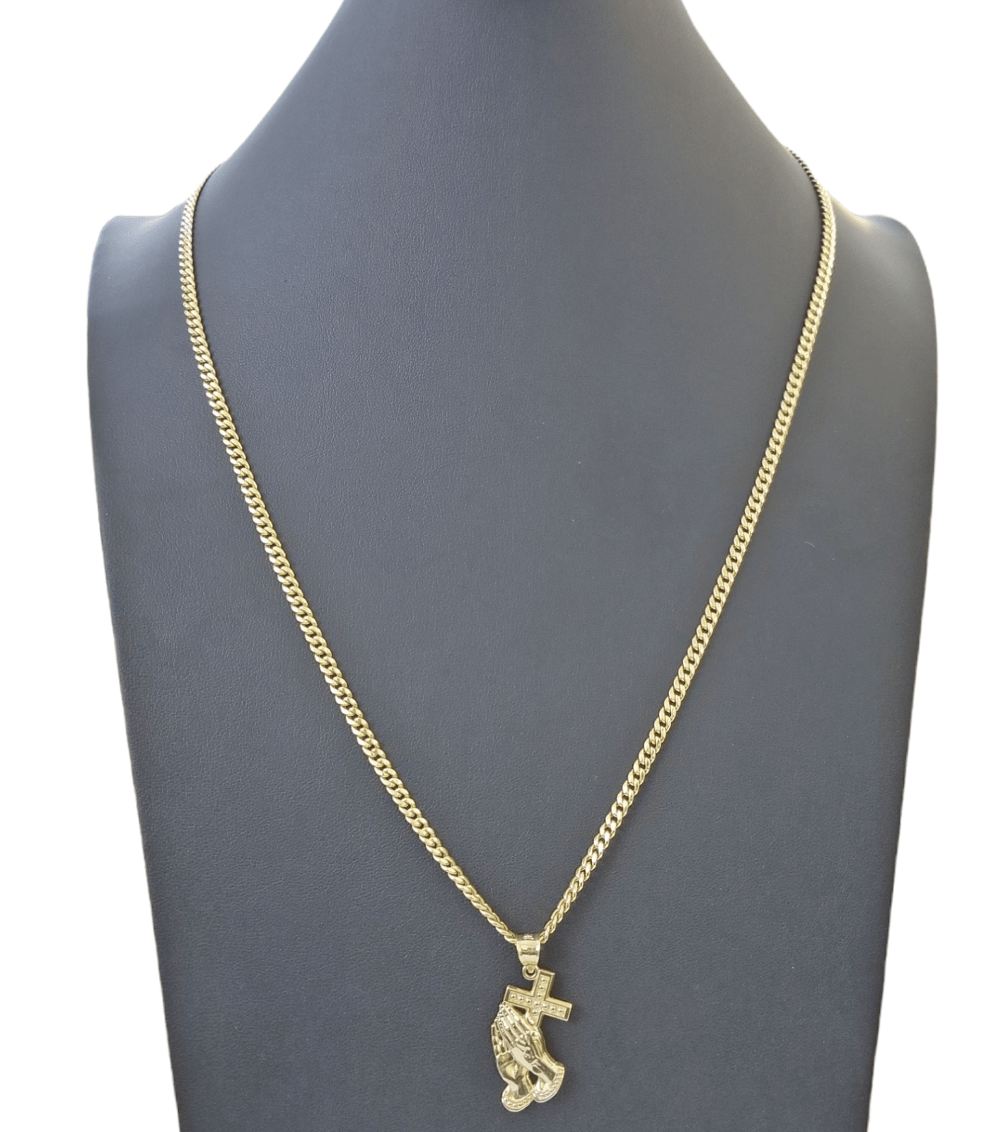 10K Yellow Gold Praying Hand Cross Pendant Charm 4mm Cuban Link Chain 26" Inch - GoldenlinQ