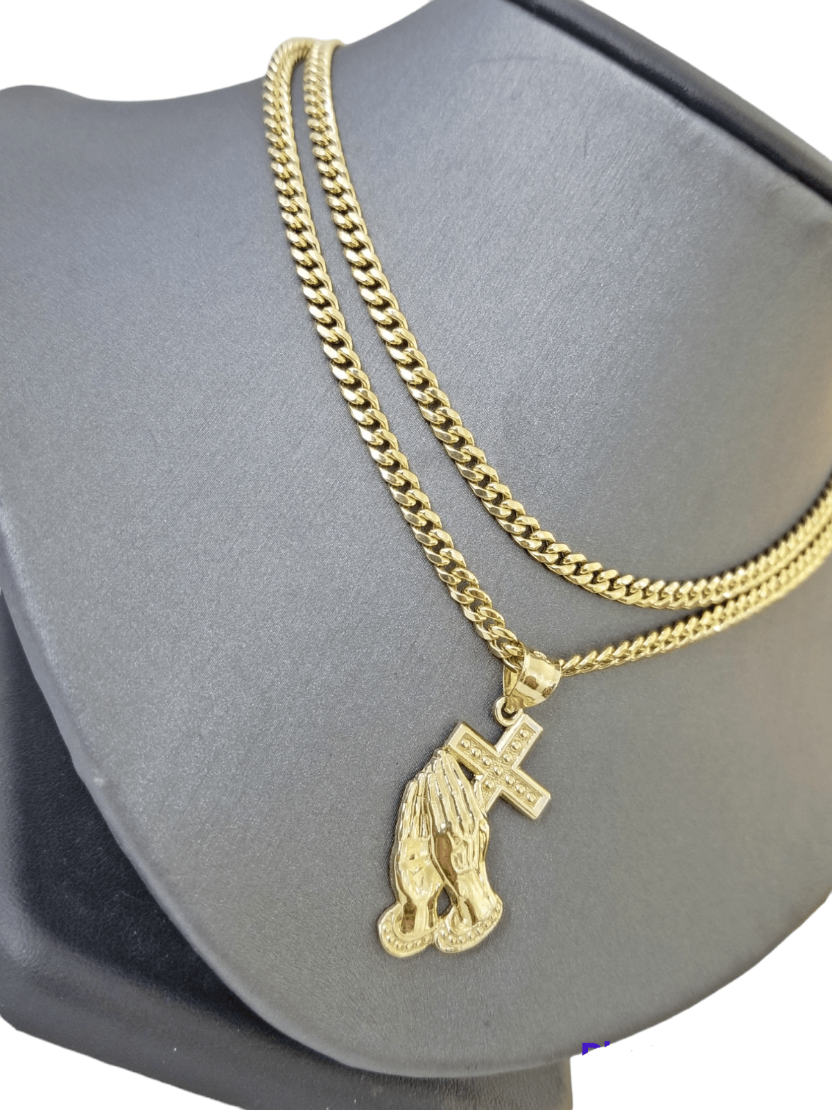 10K Yellow Gold Praying Hand Cross Pendant Charm 4mm Cuban Link Chain 26" Inch - GoldenlinQ