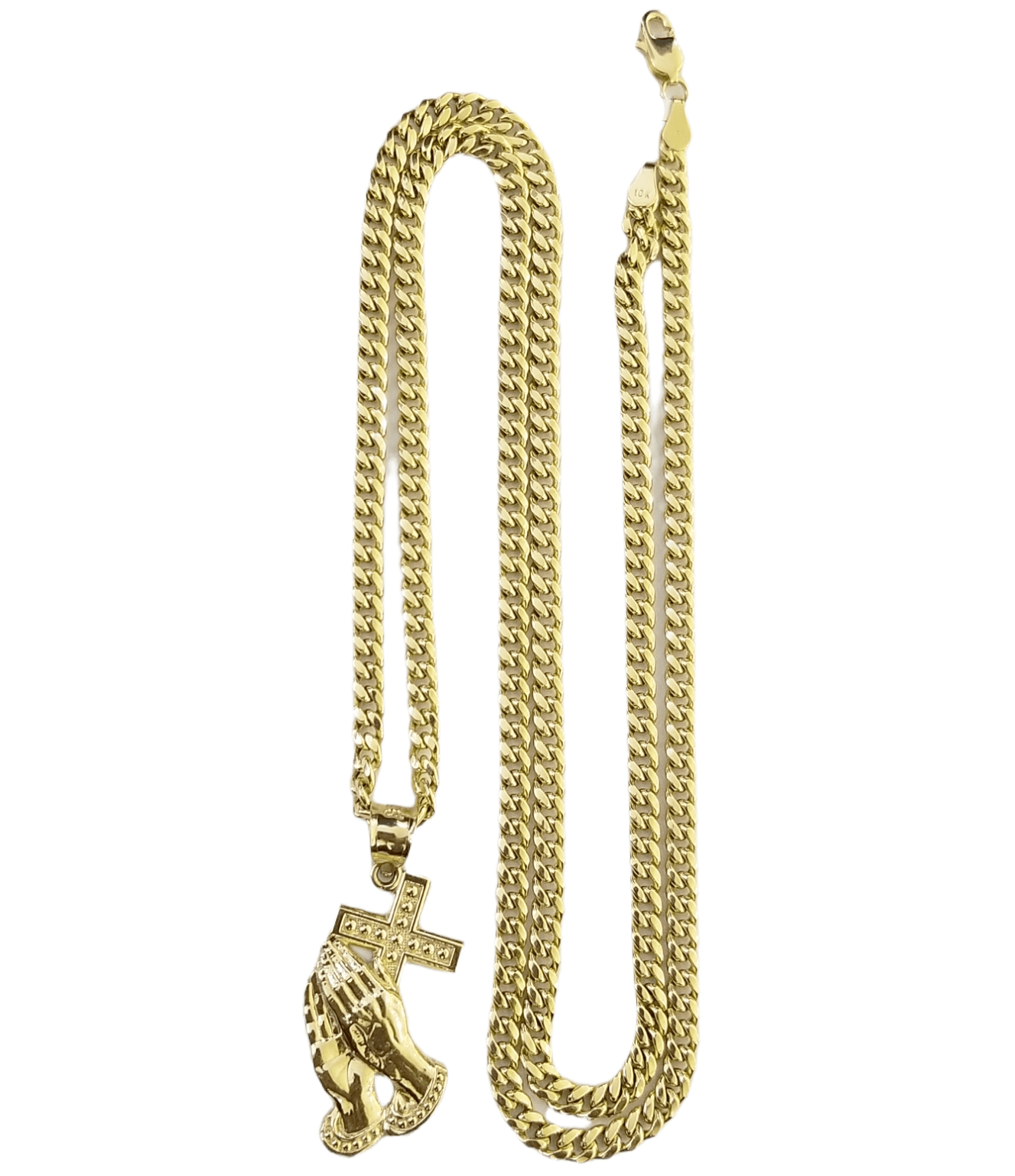 10K Yellow Gold Praying Hand Cross Pendant Charm 4mm Cuban Link Chain 26" Inch - GoldenlinQ