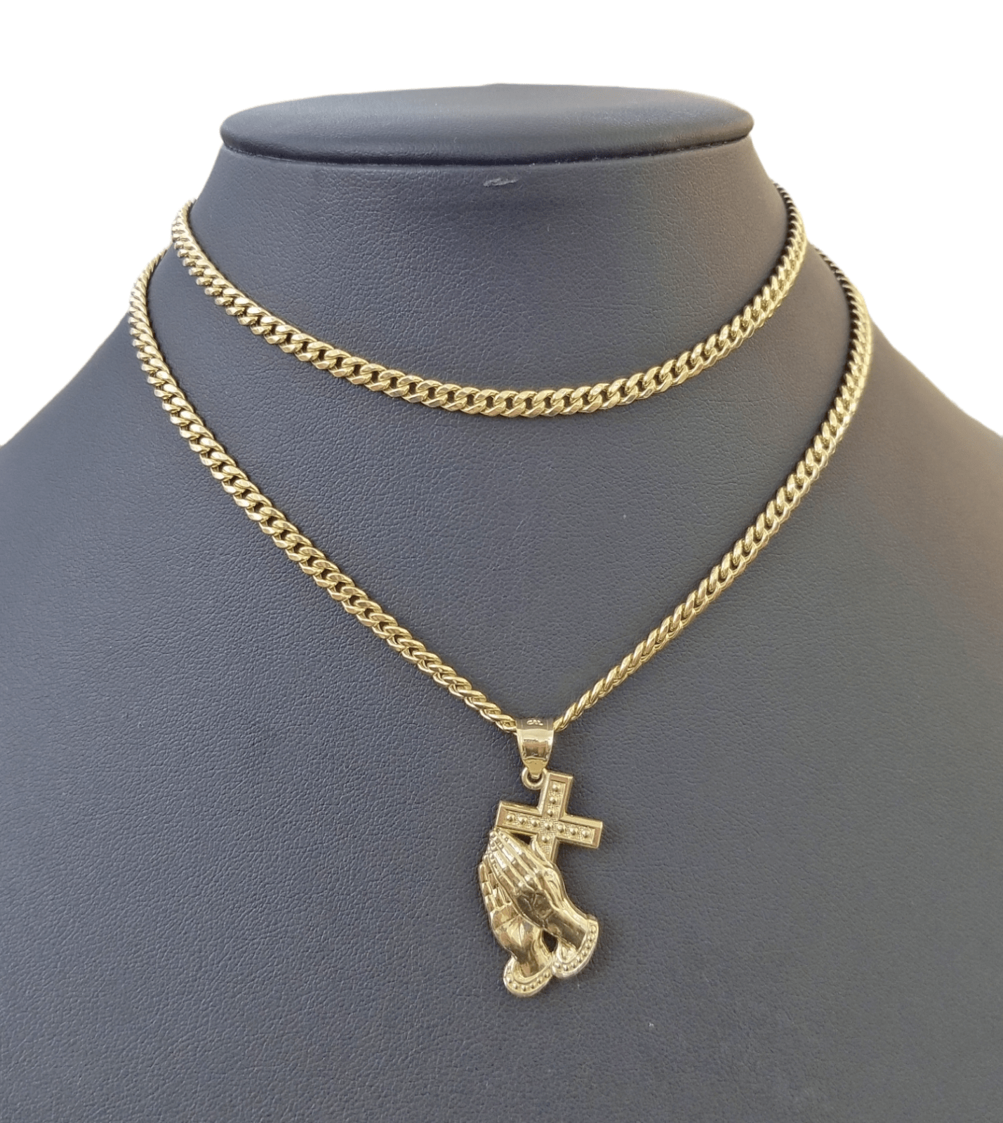 10K Yellow Gold Praying Hand Cross Pendant Charm 4mm Cuban Link Chain 26" Inch - GoldenlinQ