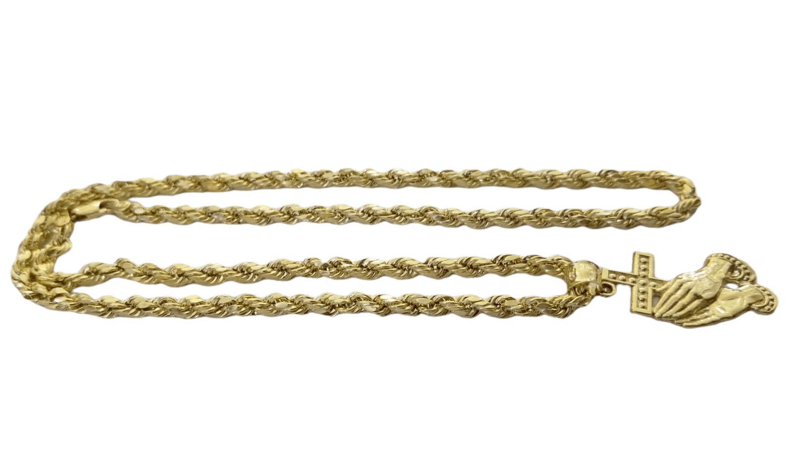 10k Yellow Gold Praying Hand Cross Pendent 4mm Rope Chain 18 20 22 24 26 28 30" - GoldenlinQ