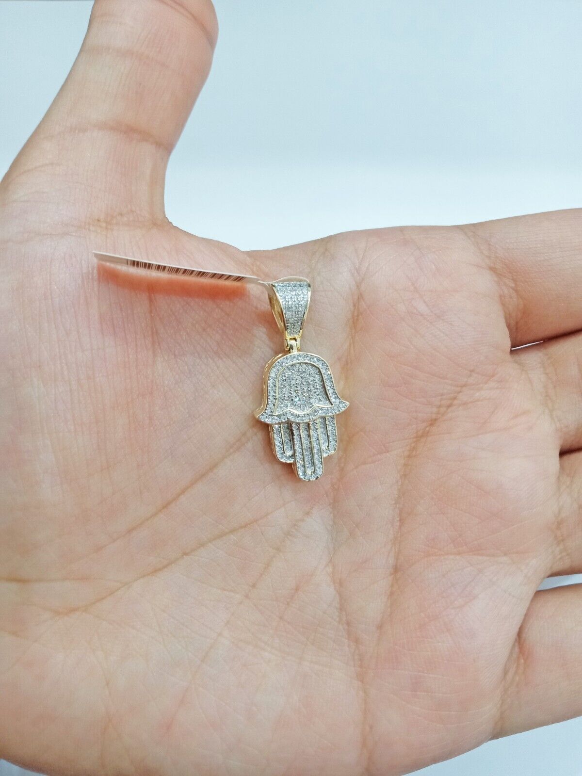 10k Yellow Gold Real Diamond Hamsa Hand Charm Pendant - GoldenlinQ
