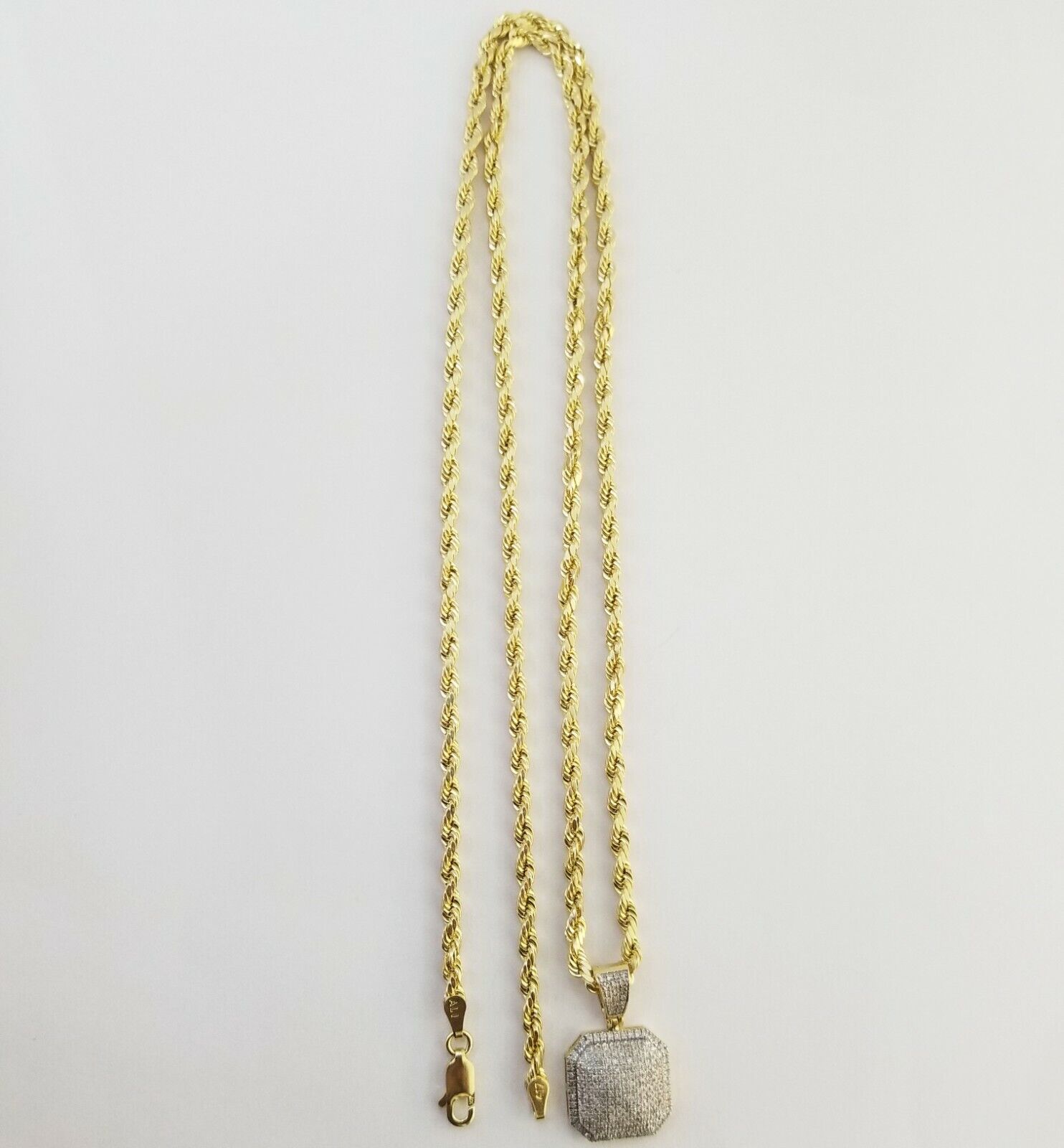 10K Yellow Gold Real Diamond Pillow Charm With 24" 3mm gold rope chain - GoldenlinQ