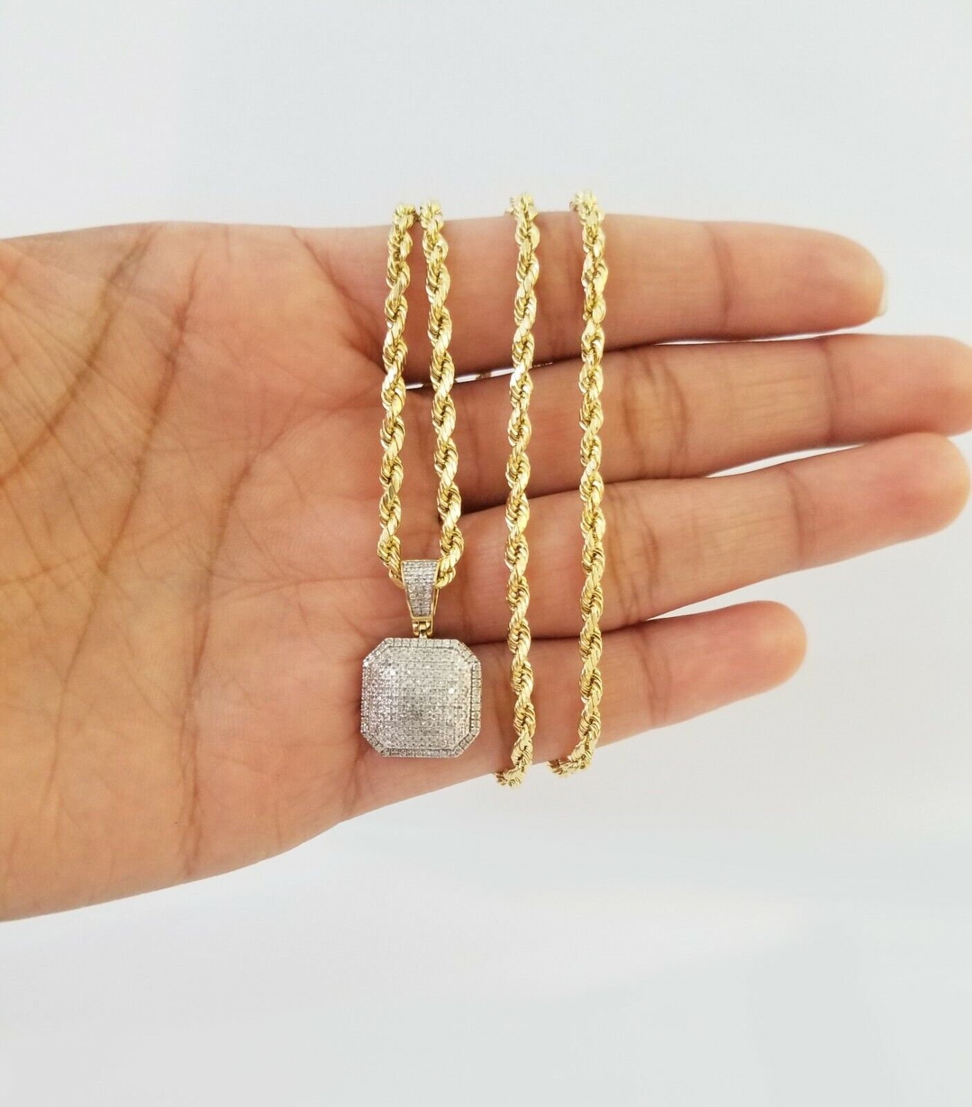 10K Yellow Gold Real Diamond Pillow Charm With 24" 3mm gold rope chain - GoldenlinQ