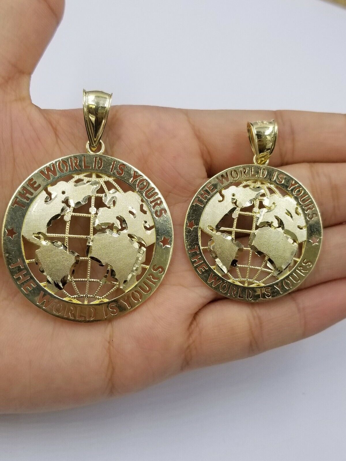 10K Yellow Gold Real Pendant The World is Your Solid fit a 7mm chain bail expand - GoldenlinQ