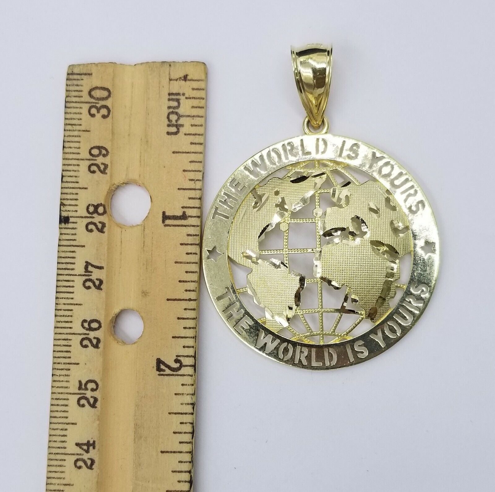 10K Yellow Gold Real Pendant The World is Your Solid fit a 7mm chain bail expand - GoldenlinQ