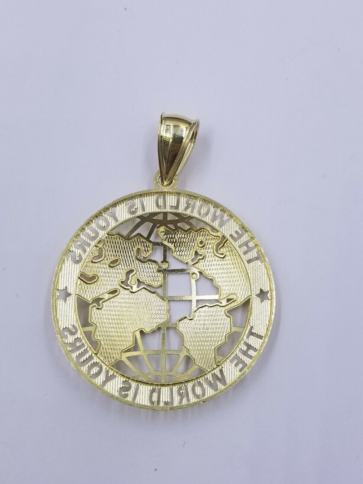10K Yellow Gold Real Pendant The World is Your Solid fit a 7mm chain bail expand - GoldenlinQ