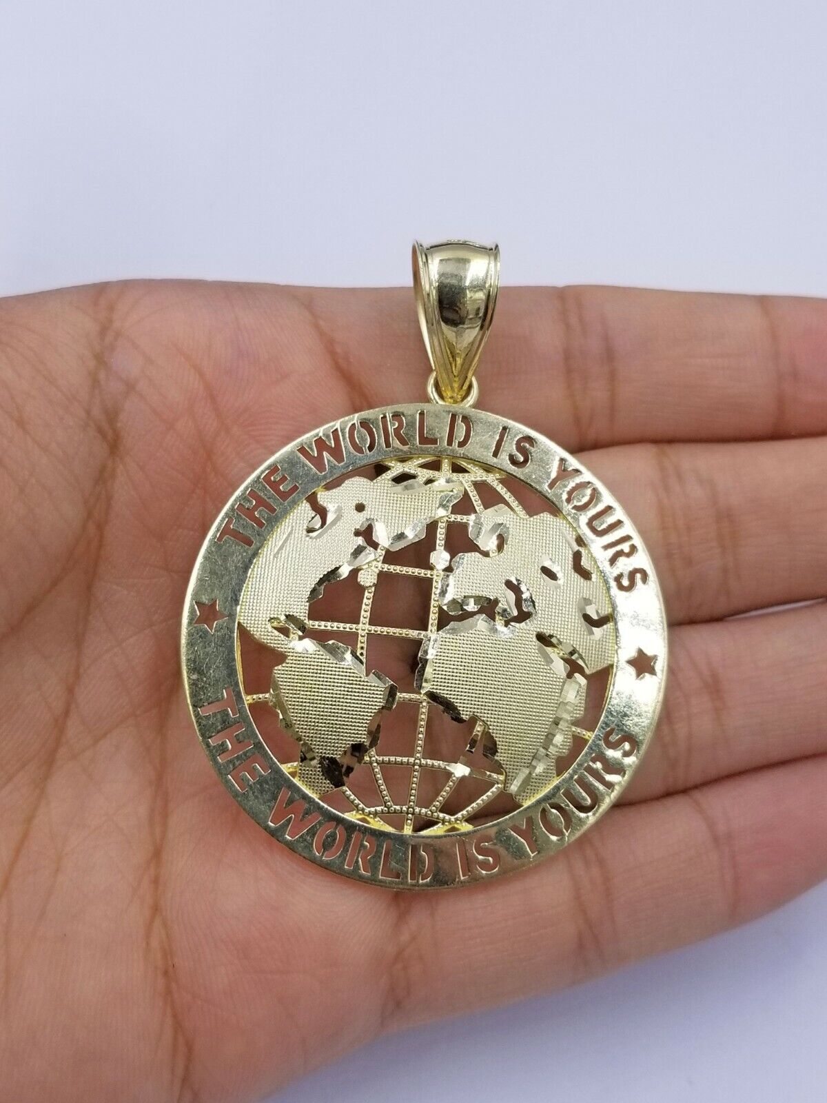 10K Yellow Gold Real Pendant The World is Your Solid fit a 7mm chain bail expand - GoldenlinQ