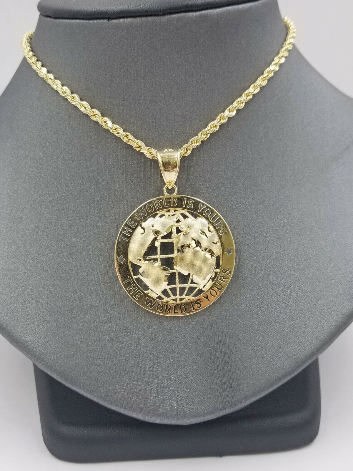 10K Yellow Gold Real Pendant The World is Your Solid fit a 7mm chain bail expand - GoldenlinQ