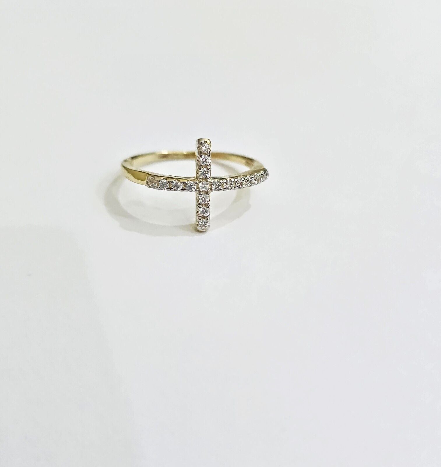 10k Yellow Gold Ring Ladies size 7 Real 10kt Cross Ring With Stones For Women - GoldenLinQ