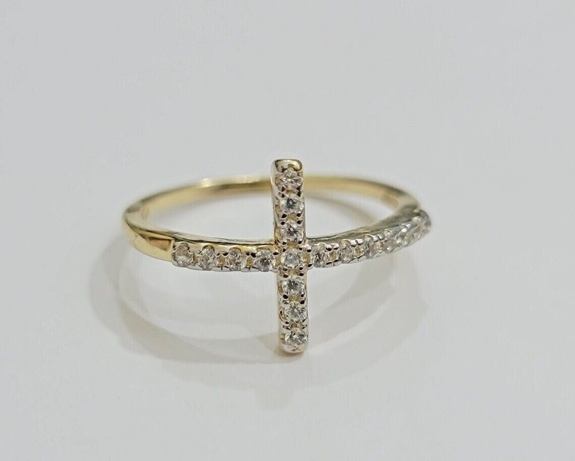 10k Yellow Gold Ring Ladies size 7 Real 10kt Cross Ring With Stones For Women - GoldenLinQ