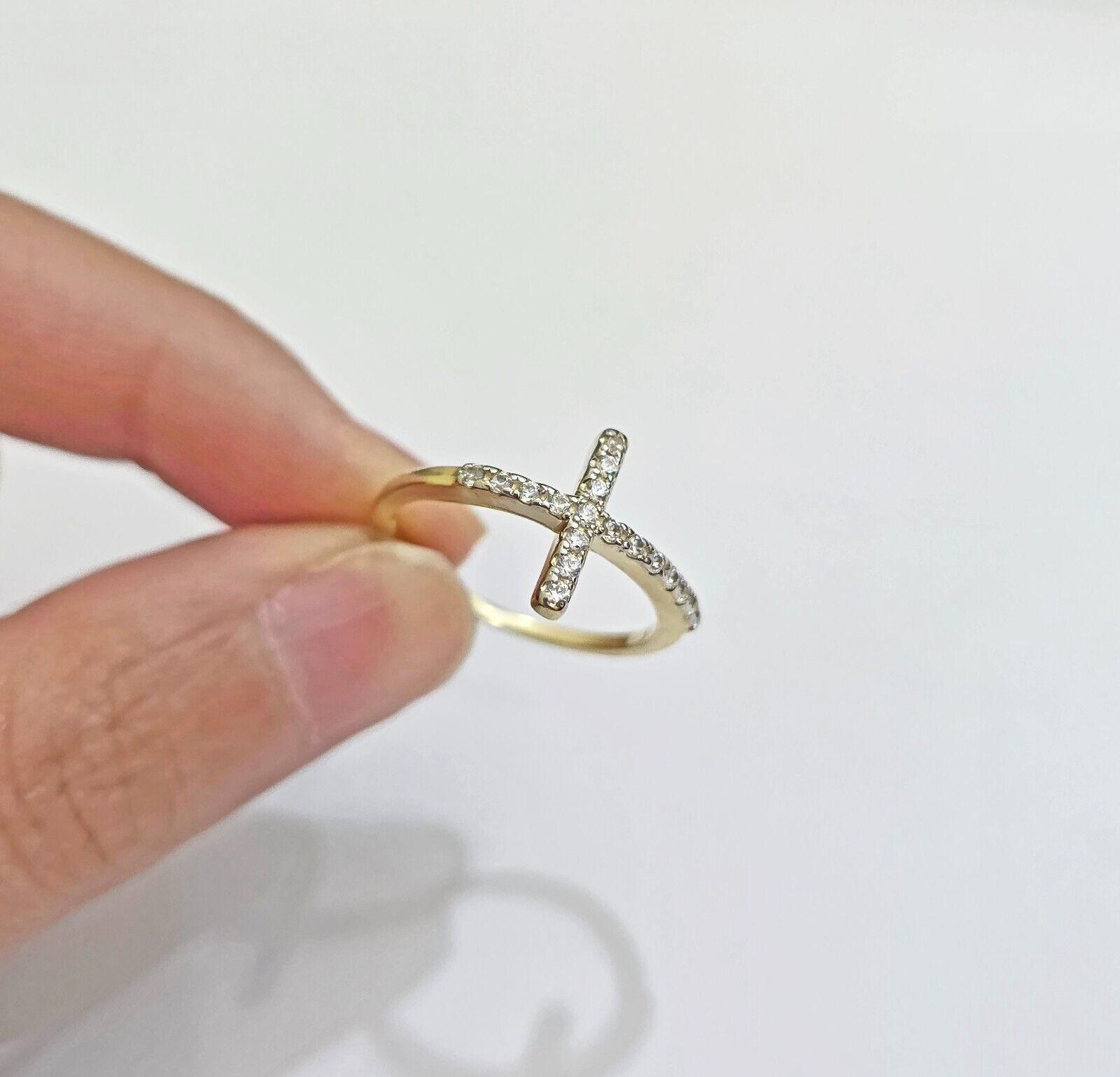 10k Yellow Gold Ring Ladies size 7 Real 10kt Cross Ring With Stones For Women - GoldenLinQ