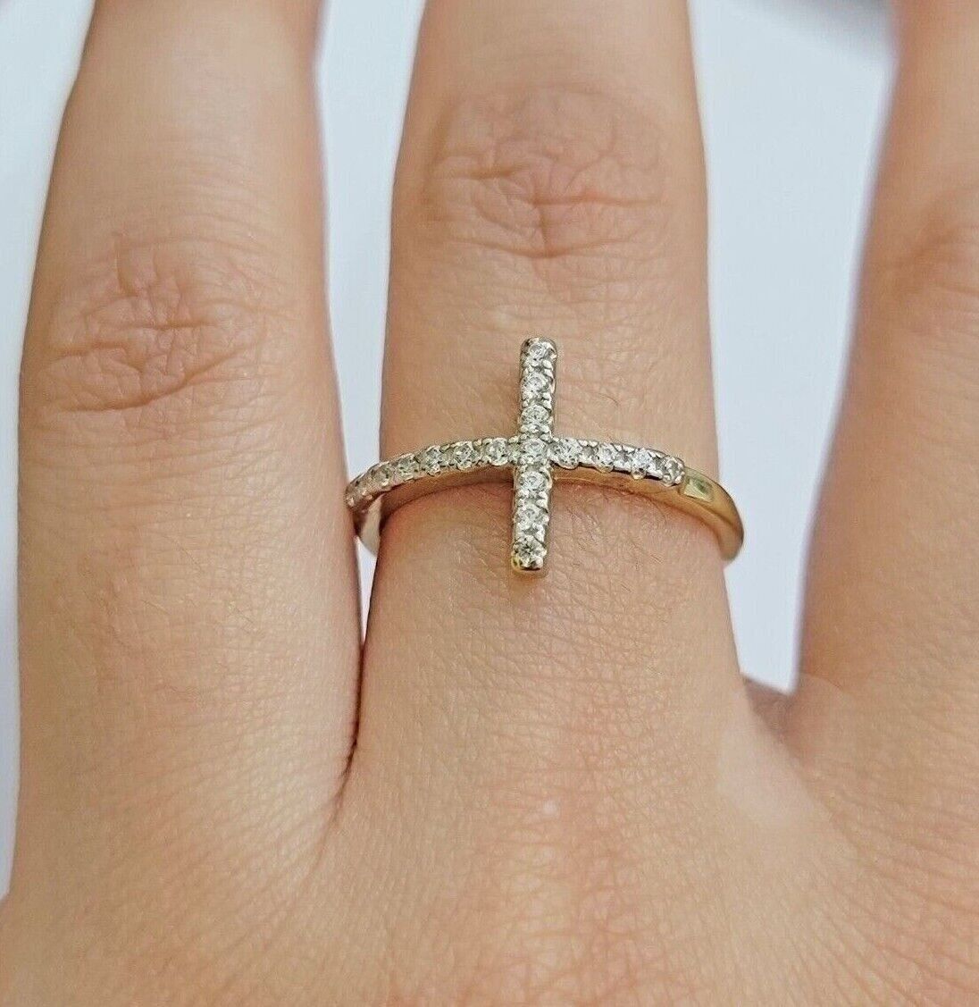 10k Yellow Gold Ring Ladies size 7 Real 10kt Cross Ring With Stones For Women - GoldenLinQ