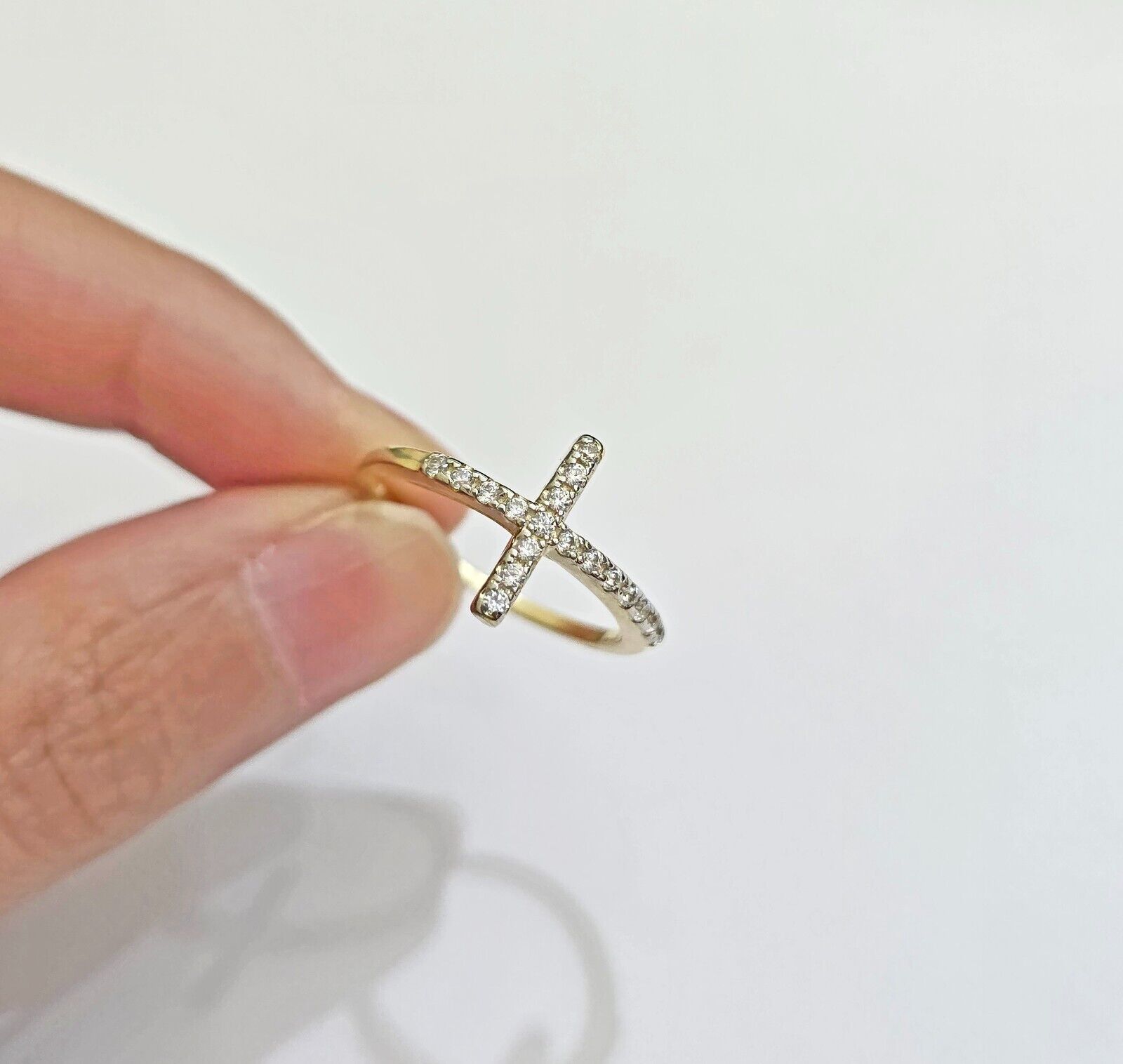 10k Yellow Gold Ring Ladies size 7 Real 10kt Cross Ring With Stones For Women - GoldenLinQ