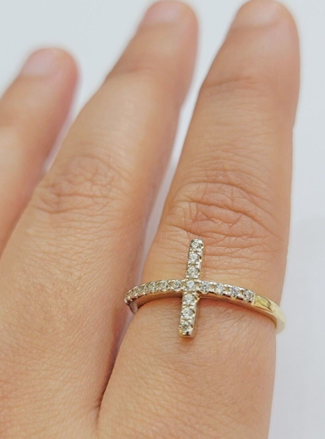 10k Yellow Gold Ring Ladies size 7 Real 10kt Cross Ring With Stones For Women - GoldenLinQ