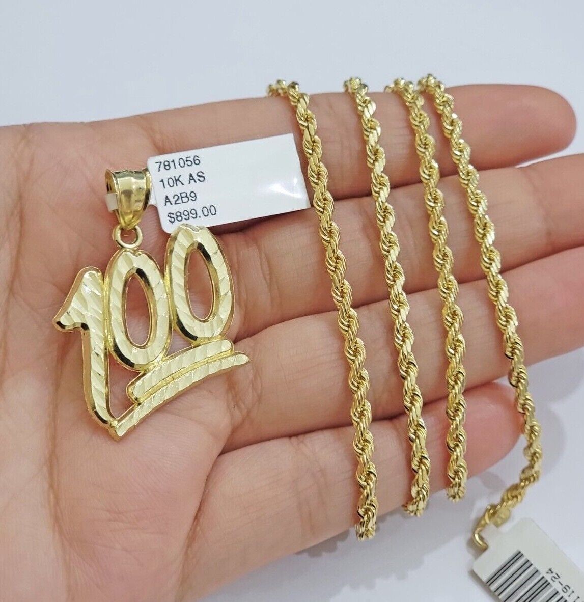 10k Yellow Gold Rope Chain 100 Charm Pendant Set 18" - 28 Inch 3mm Necklace REAL - GoldenlinQ