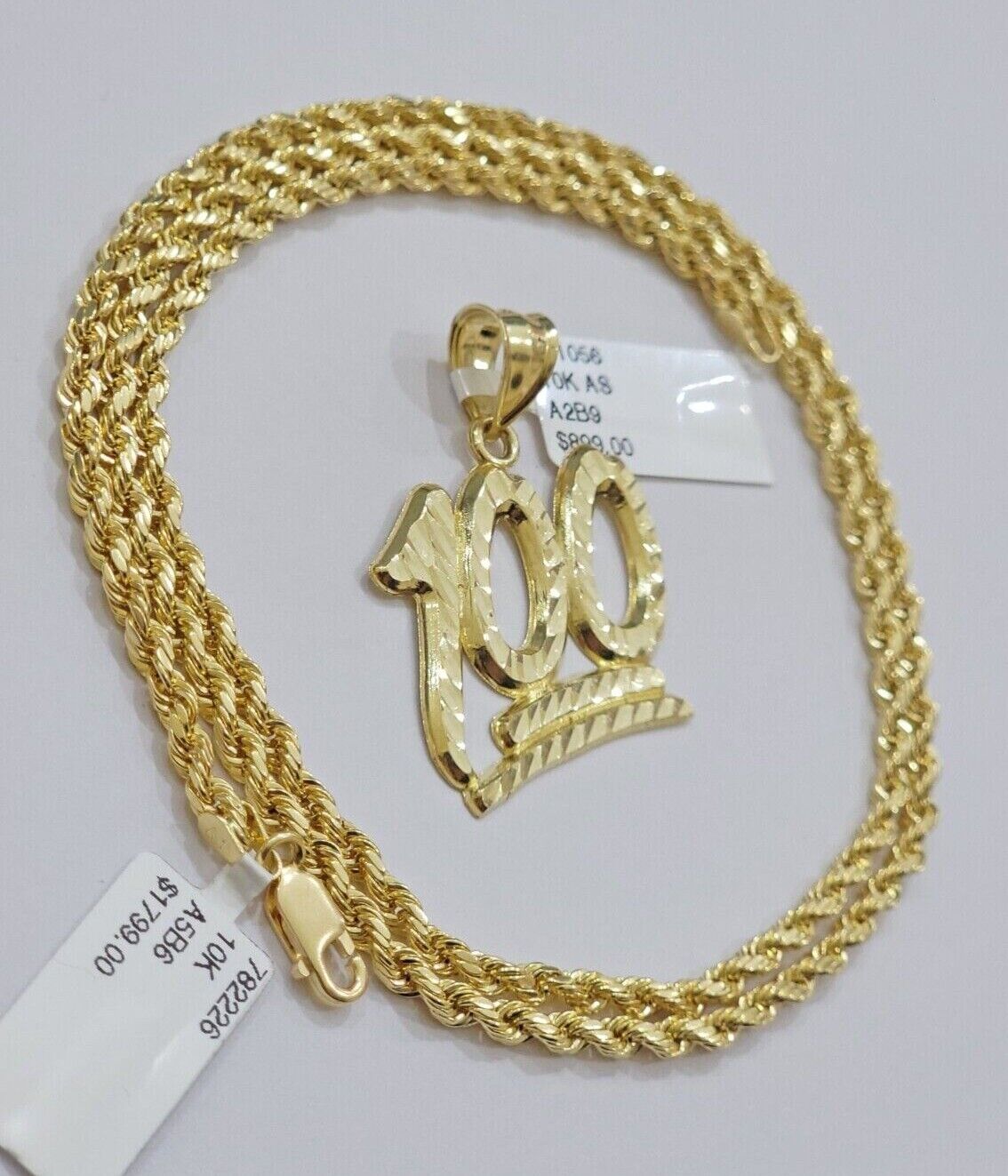 10k Yellow Gold Rope Chain 100 Charm Pendant Set 22 Inch 3mm Necklace REAL SALE - GoldenlinQ