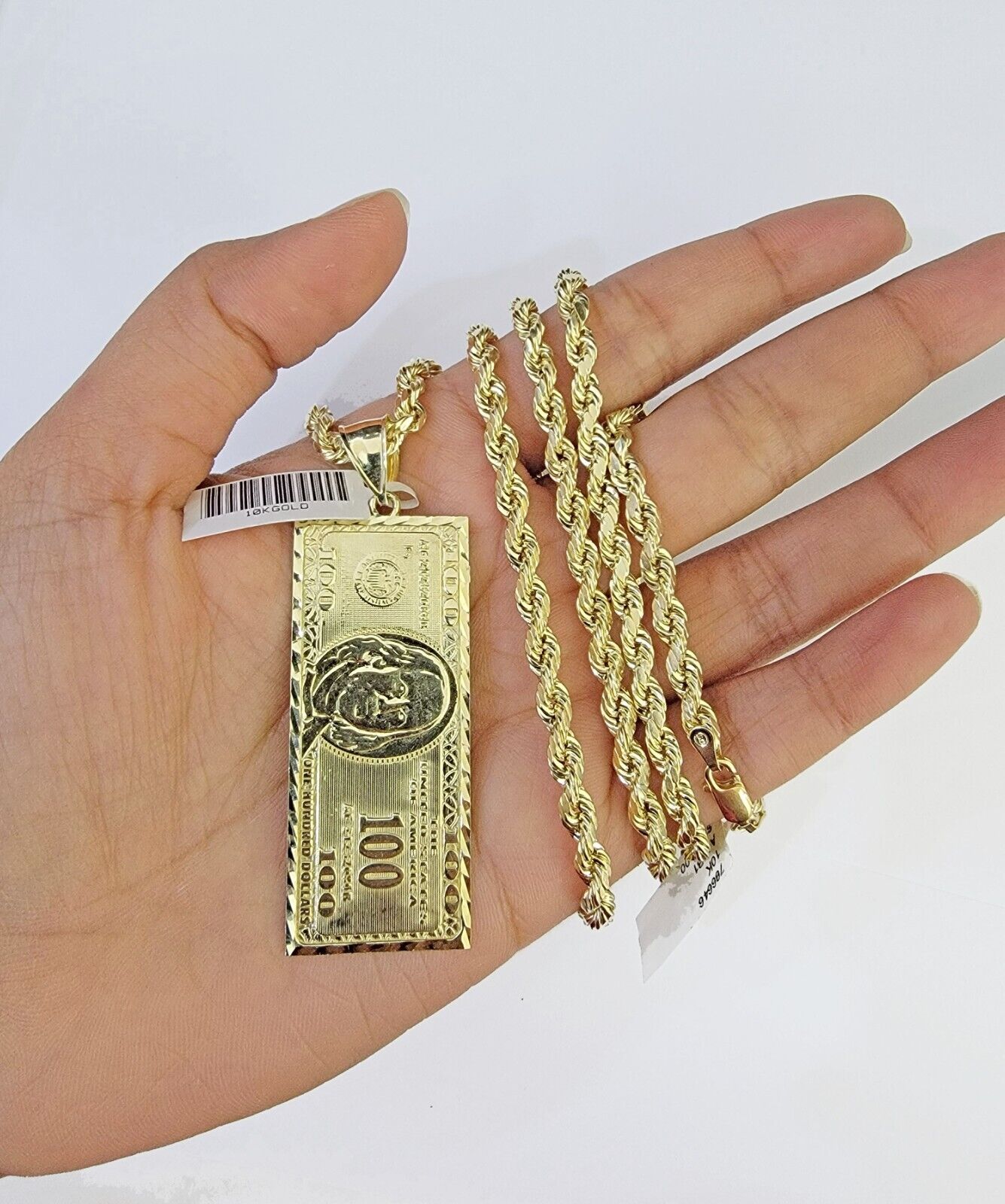 10K Yellow Gold Rope Chain 100 Dollar Charm Diamond Cut Men's Women's - GoldenlinQ