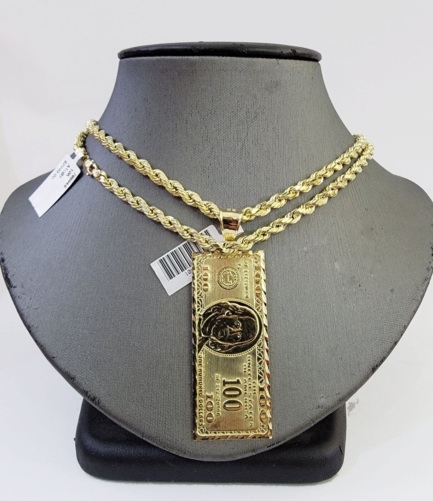 10K Yellow Gold Rope Chain 100 Dollar Charm Diamond Cut Men's Women's - GoldenlinQ