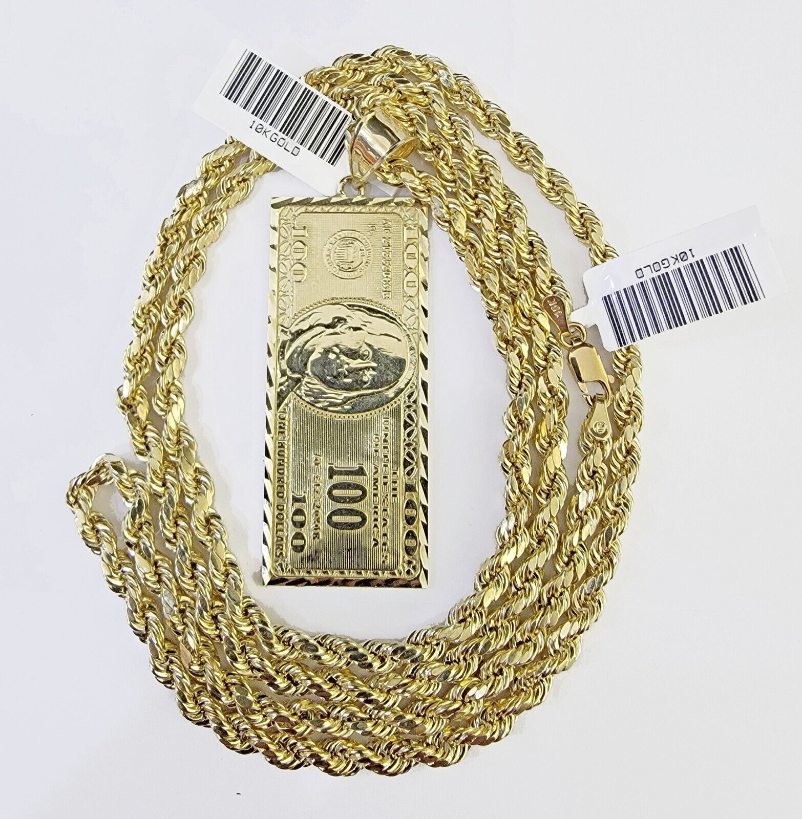 10K Yellow Gold Rope Chain 100 Dollar Charm Diamond Cut Men's Women's - GoldenlinQ