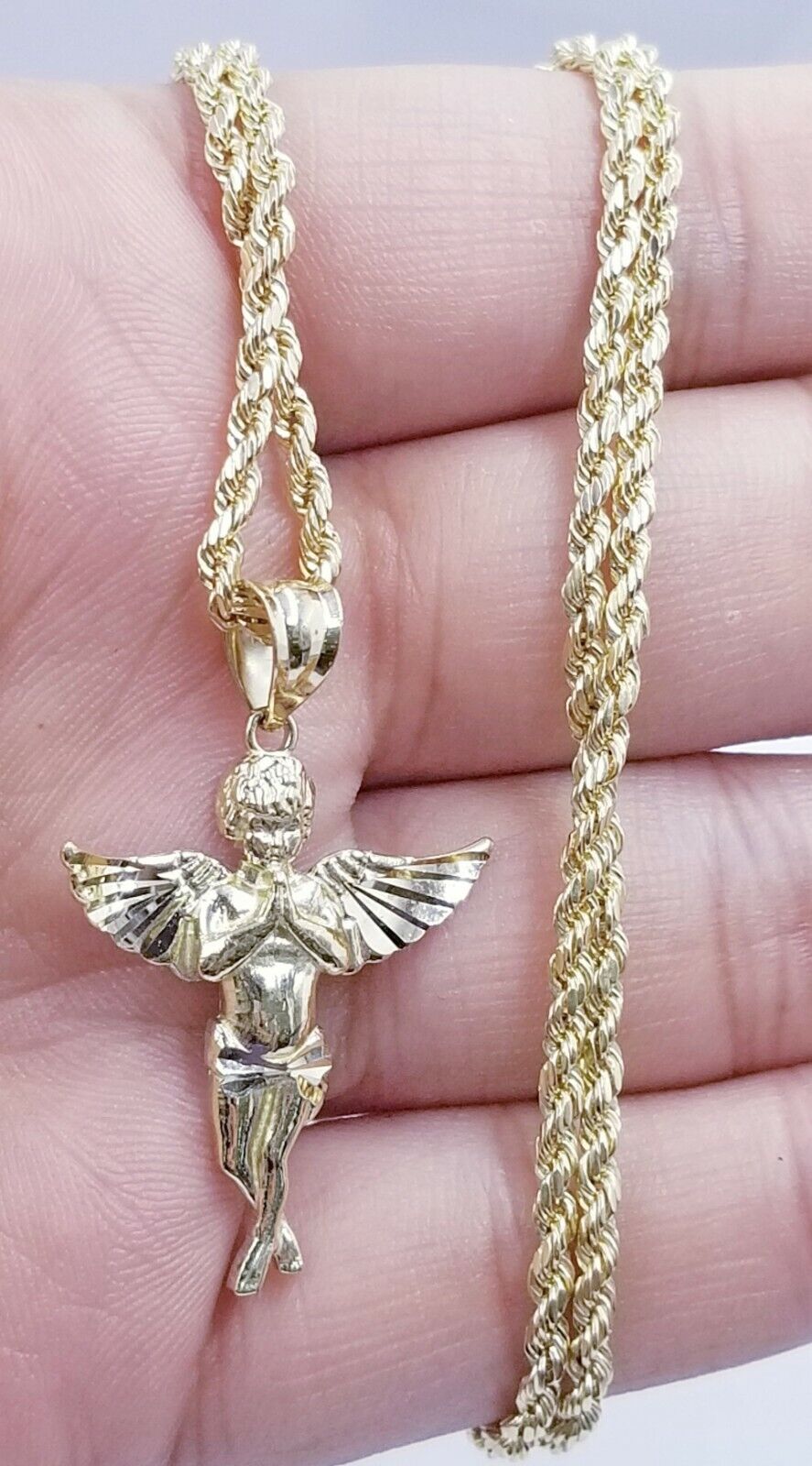 10k Yellow Gold Rope Chain, Angel Charm Pendant Necklace Set 18" - 28" Real 10kt - GoldenlinQ