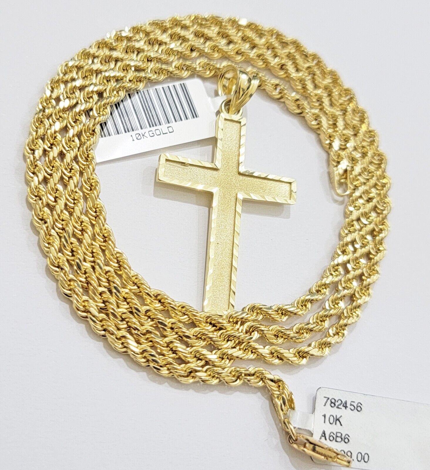 10k Yellow Gold Rope Chain & Cross Charm Set REAL 10KT 24 Inch necklace pendant - GoldenlinQ