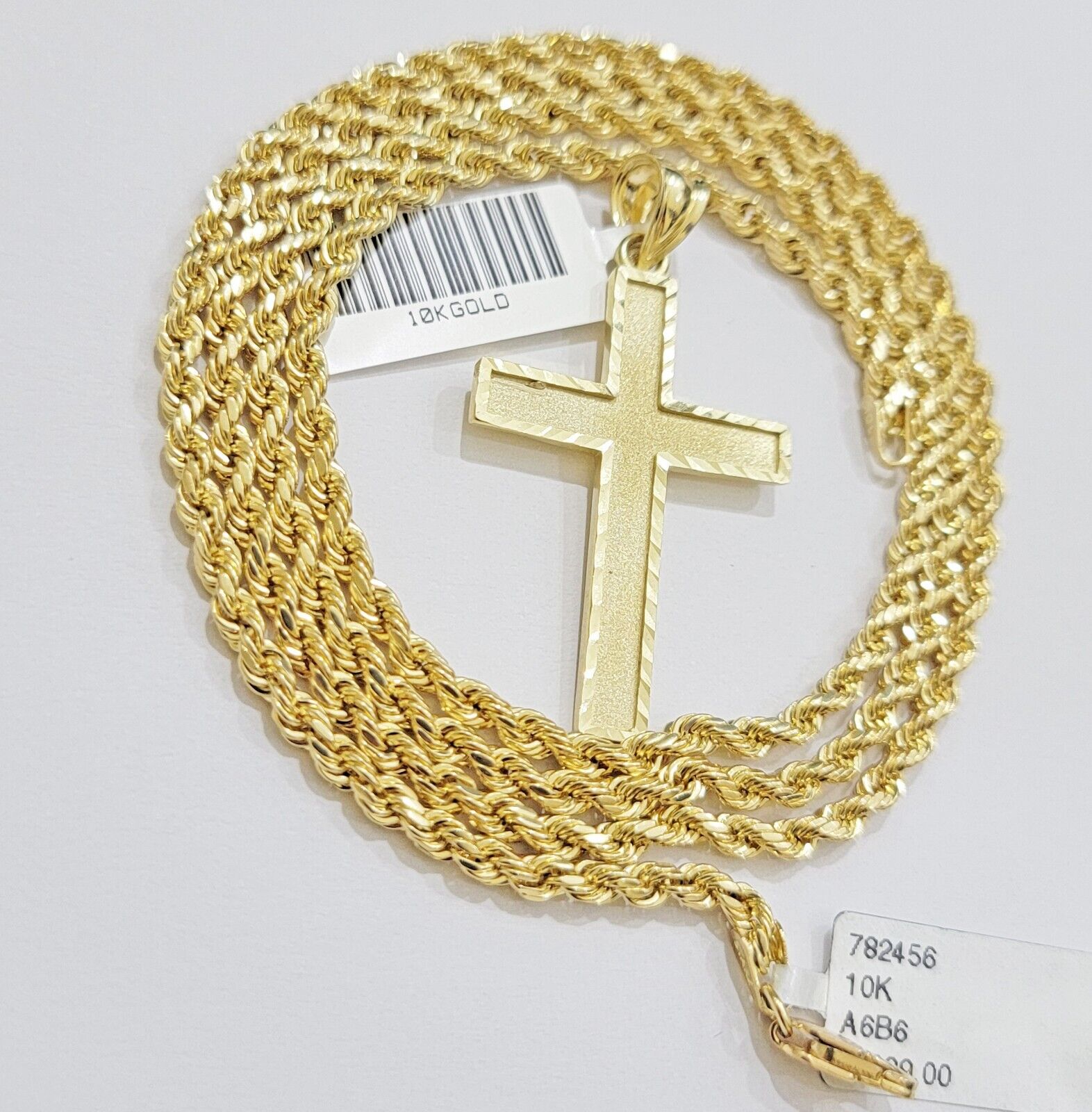 10k Yellow Gold Rope Chain & Cross Charm Set REAL 10KT 26 Inch necklace pendant - GoldenlinQ