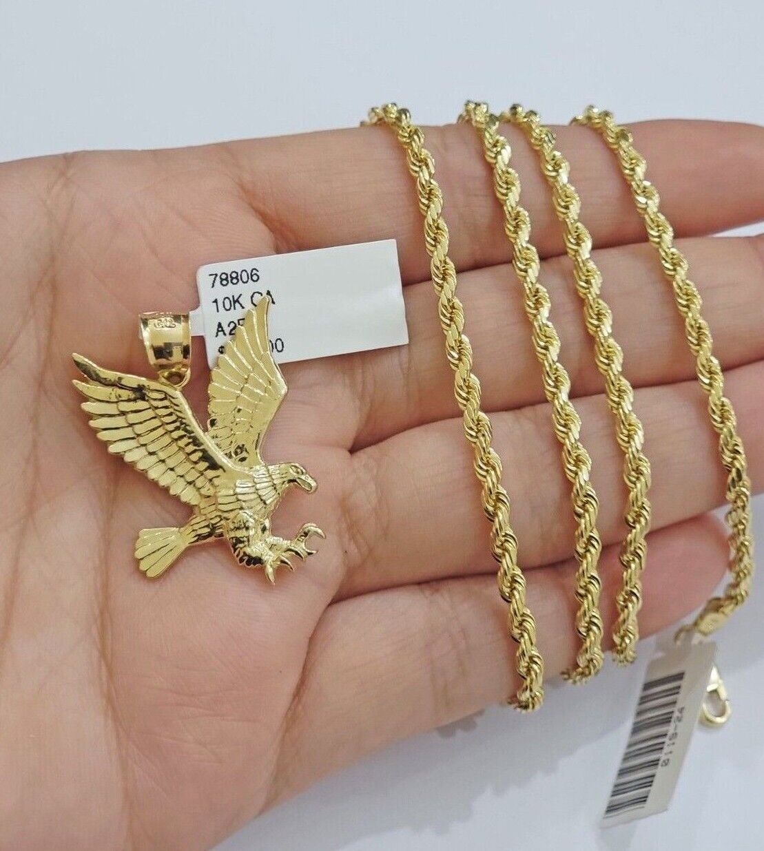 10k Yellow Gold Rope Chain Eagle Charm Pendant Set 18" - 28 Inch 3mm Necklace REAL - GoldenlinQ