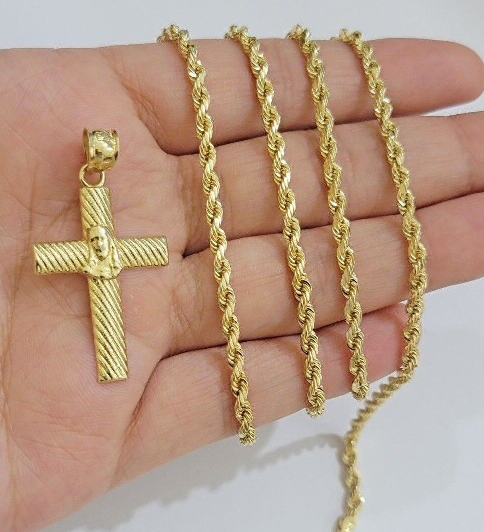 10k Yellow Gold Rope Chain Jesus Cross Charm Pendant Set 18 - 28'' Inches Necklace - GoldenlinQ