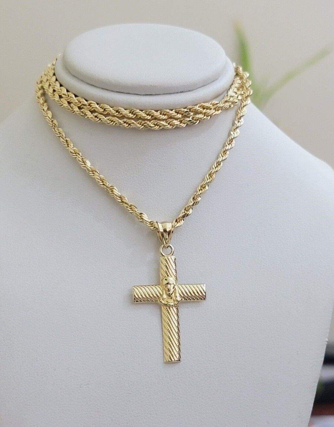 10k Yellow Gold Rope Chain Jesus Cross Charm Pendant Set 18 - 28'' Inches Necklace - GoldenlinQ