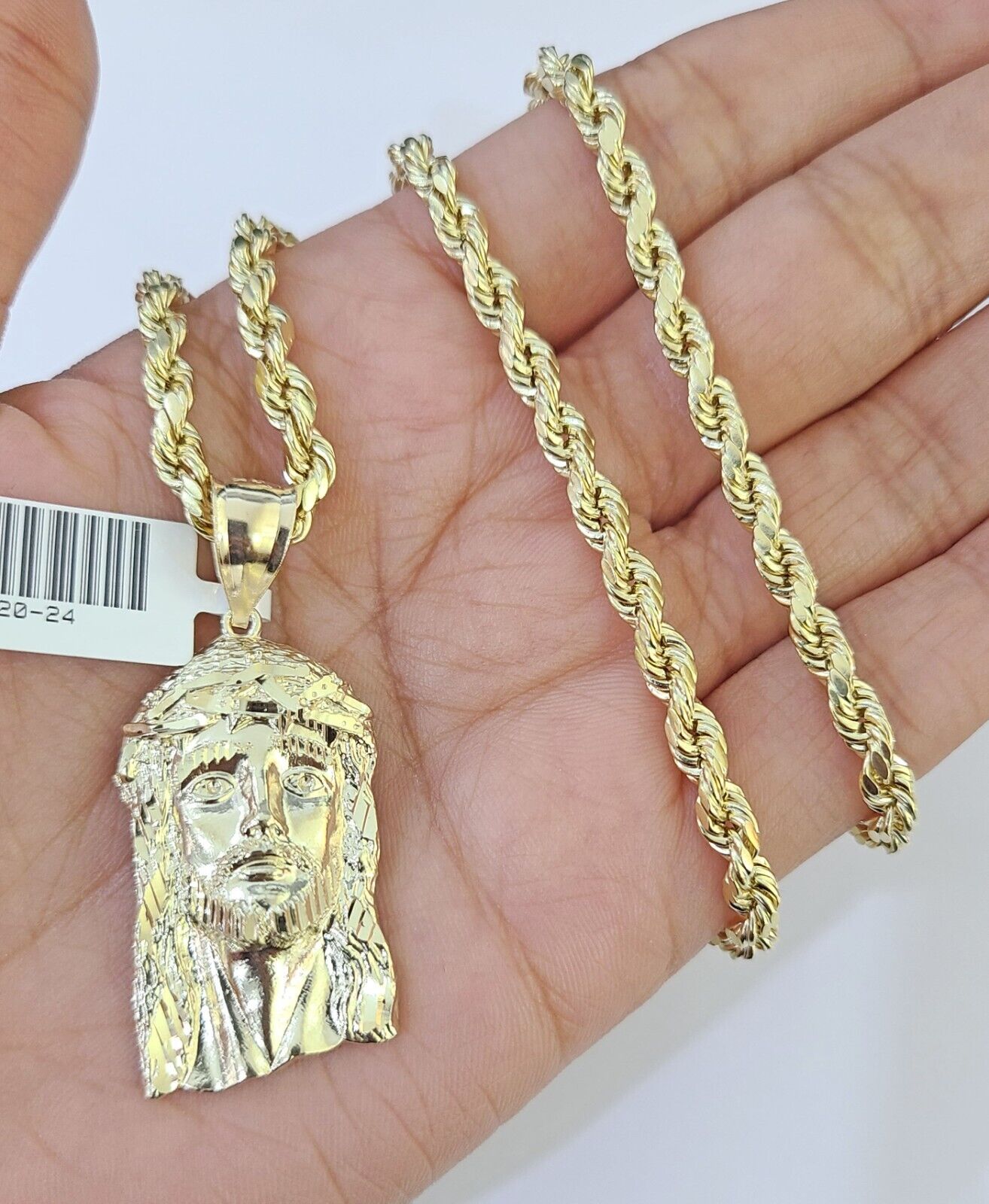 10k Yellow Gold Rope Chain Jesus Cross Charm Set 4mm 18" - 26"Inch Necklace - GoldenlinQ
