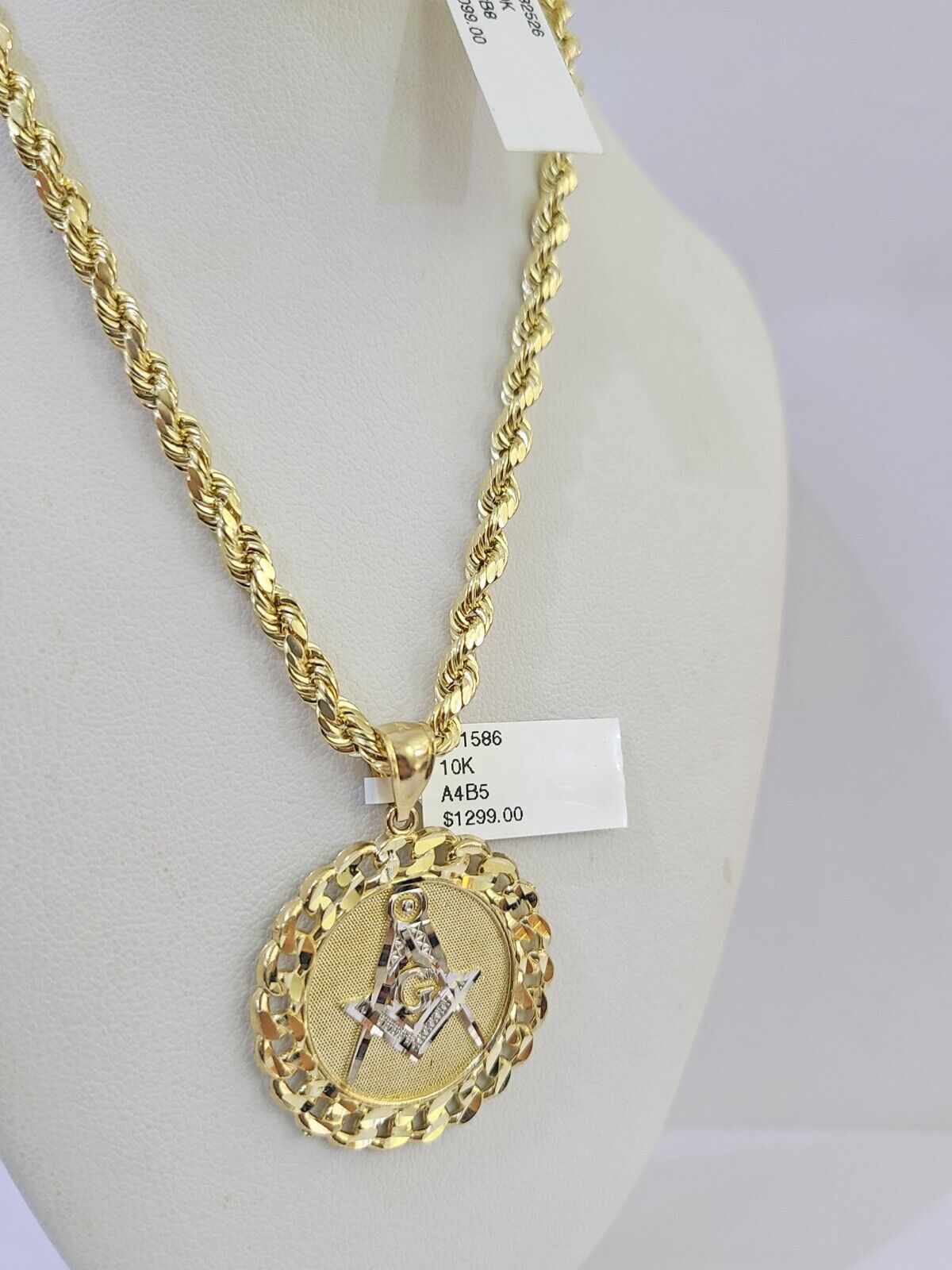 10k Yellow Gold Rope Chain Masonic Charm Set 4mm 18" - 26"Inch Necklace - GoldenlinQ