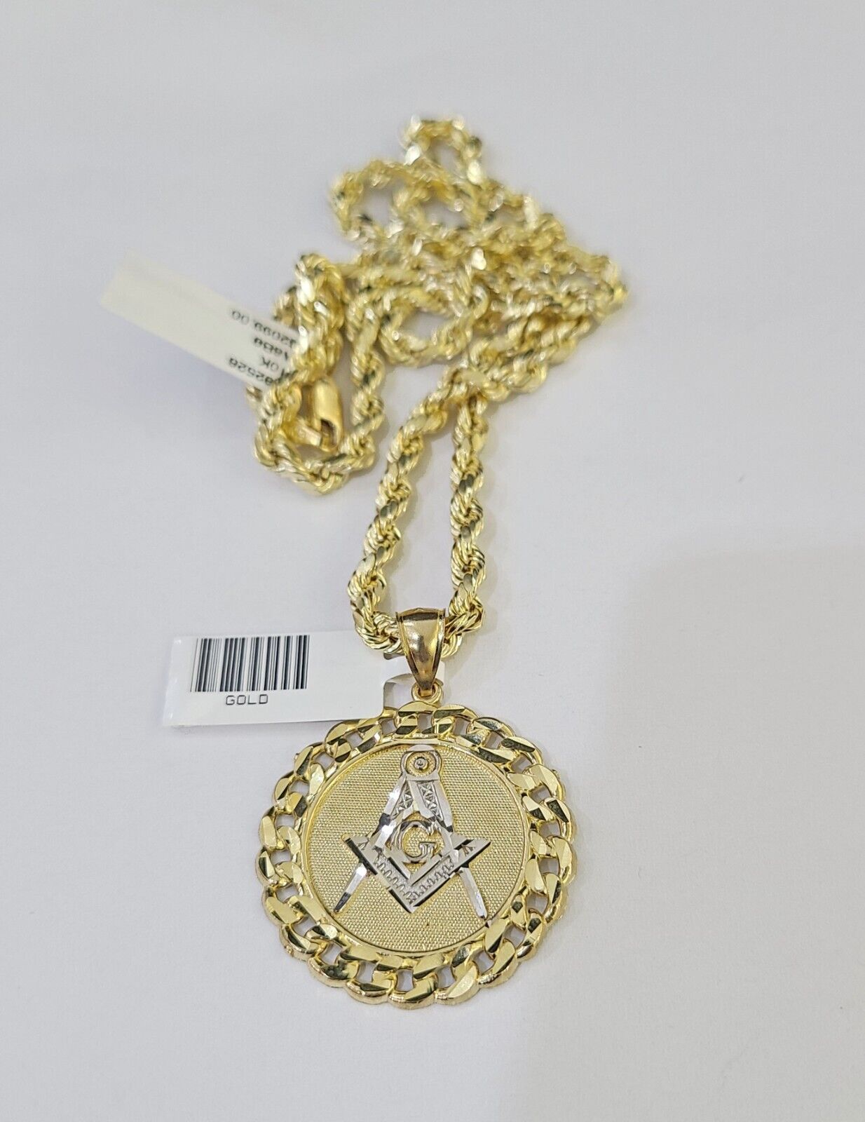 10k Yellow Gold Rope Chain Masonic Charm Set 4mm 18" - 26"Inch Necklace - GoldenlinQ