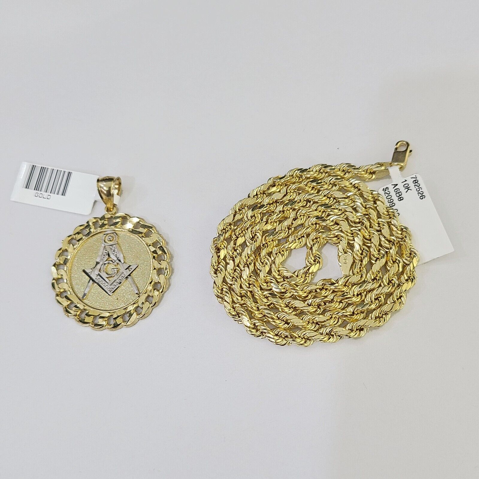 10k Yellow Gold Rope Chain Masonic Charm Set 4mm 18" - 26"Inch Necklace - GoldenlinQ