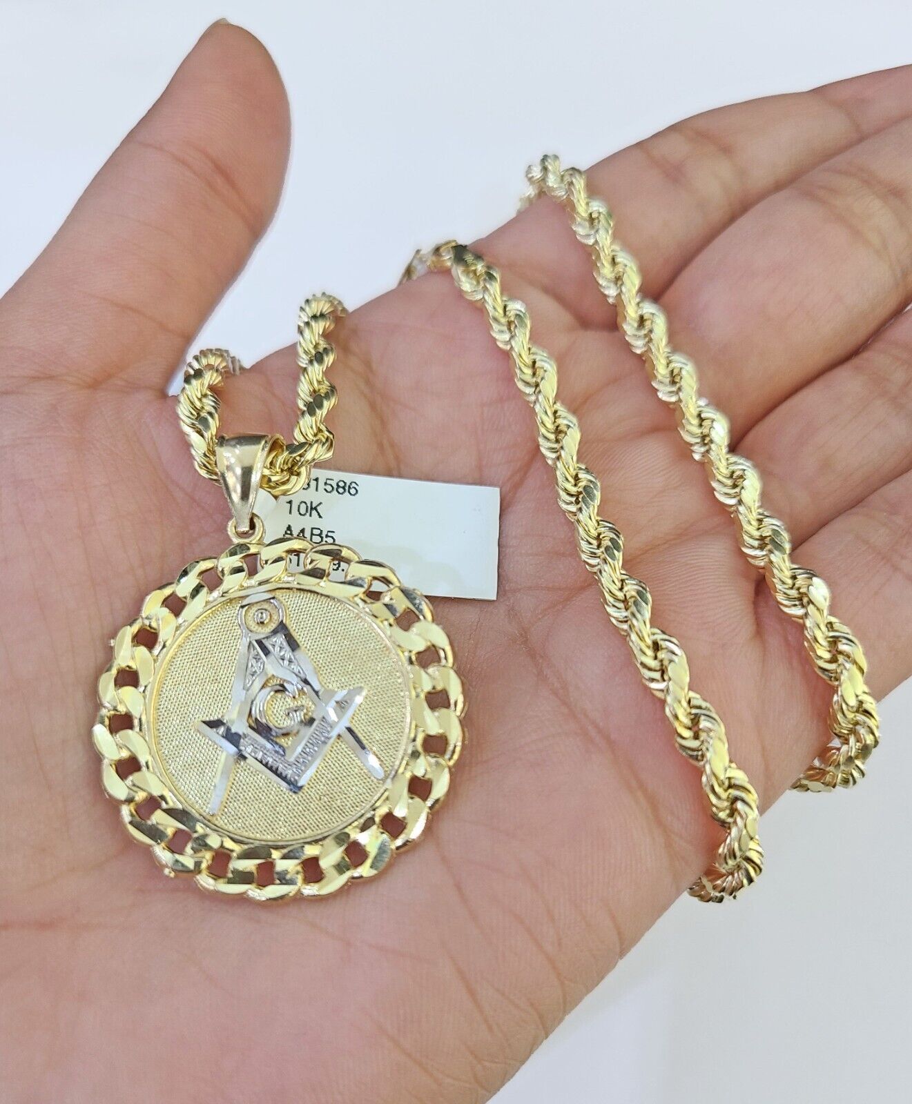10k Yellow Gold Rope Chain Masonic Charm Set 4mm 18" - 26"Inch Necklace - GoldenlinQ