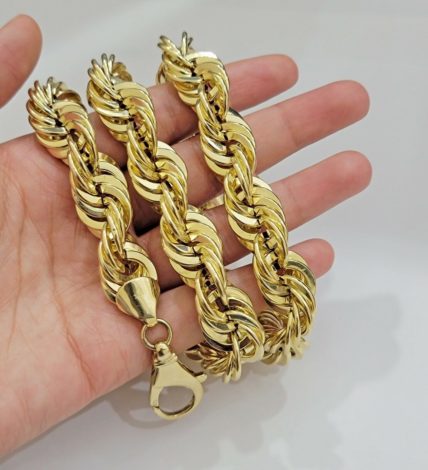 10K Yellow Gold Rope Chain Necklace 15mm Thick 26" Diamond Cut men's Real 10kt - GoldenLinQ