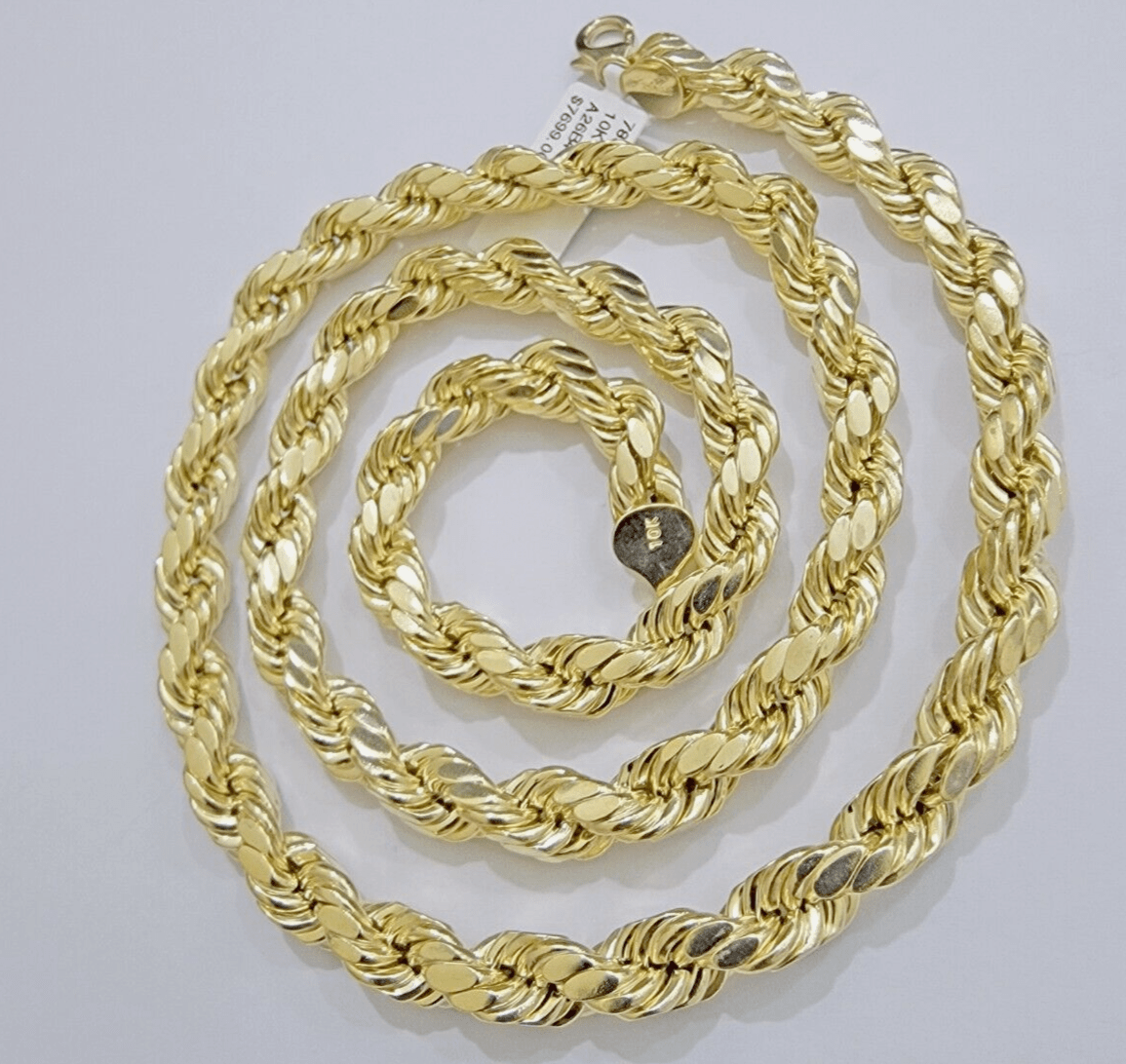 10k Yellow Gold Rope Chain Necklace 28 Inch 8mm Diamond Cuts Men's REAL 10KT - GoldenLinQ