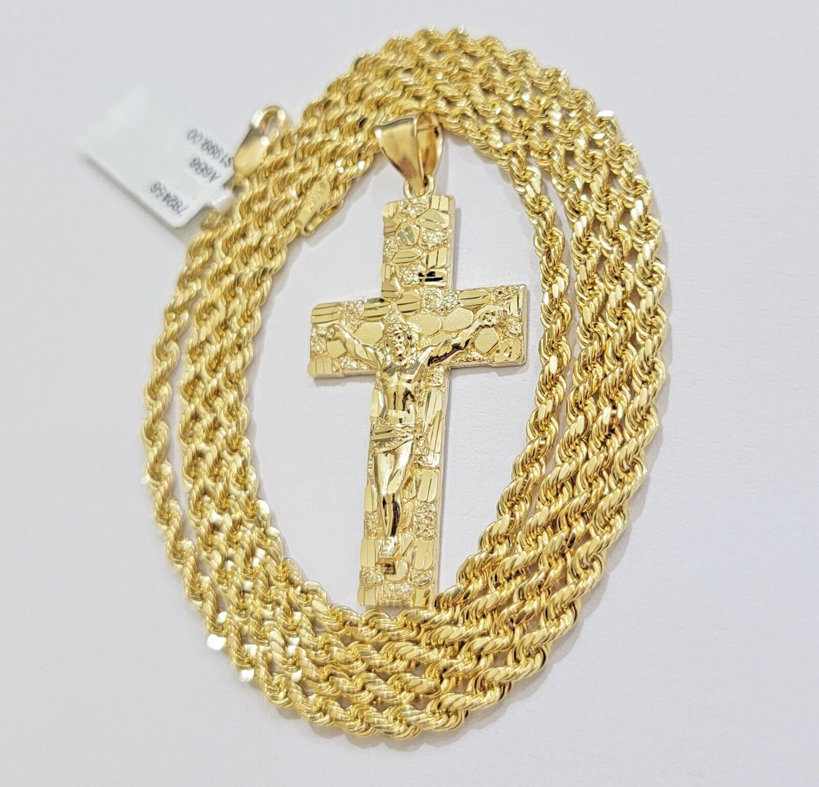 10k Yellow Gold Rope Chain Nugget Cross Charm Set 22 Inch necklace pendant, REAL - GoldenlinQ