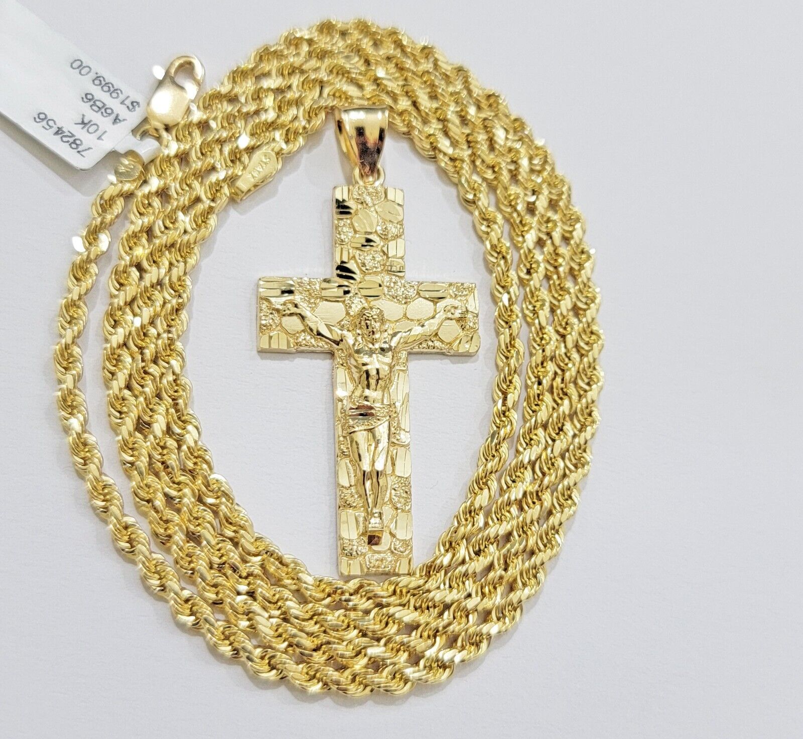 10k Yellow Gold Rope Chain Nugget Cross Charm Set 24 Inch necklace pendant, REAL - GoldenlinQ