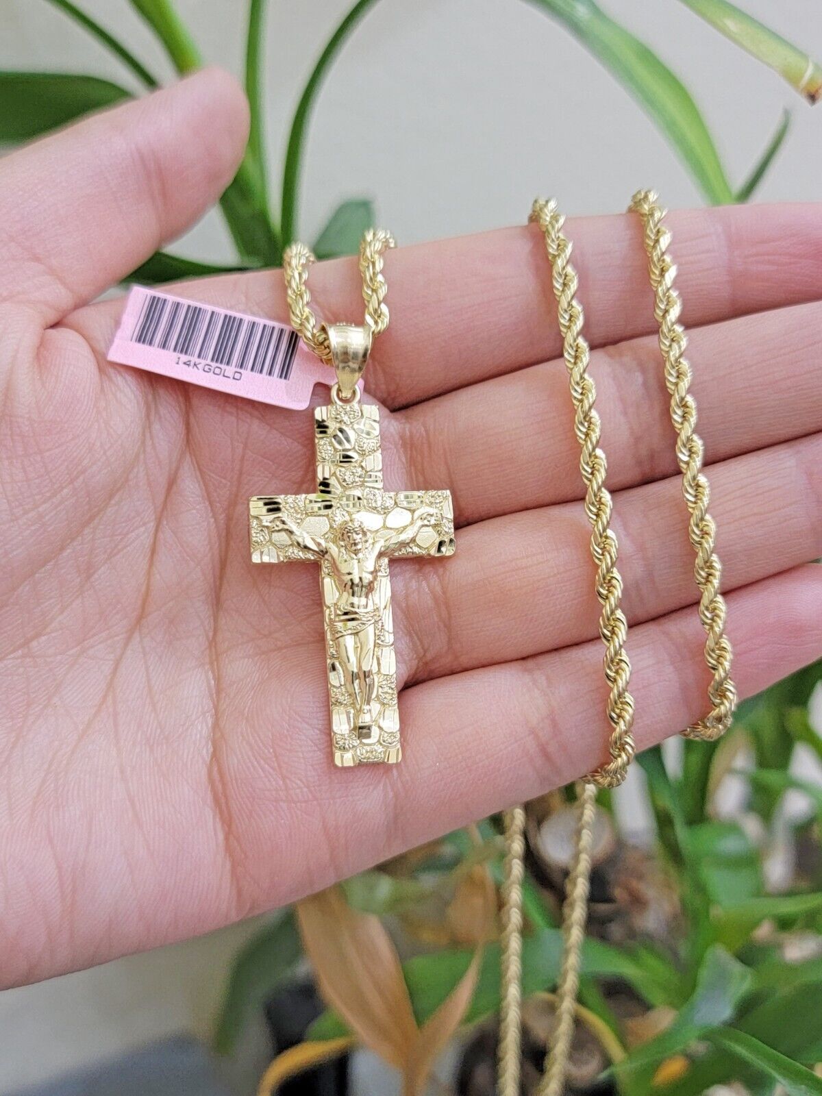 10k Yellow Gold Rope Chain Nugget Cross Charm Set 24 Inch necklace pendant, REAL - GoldenlinQ