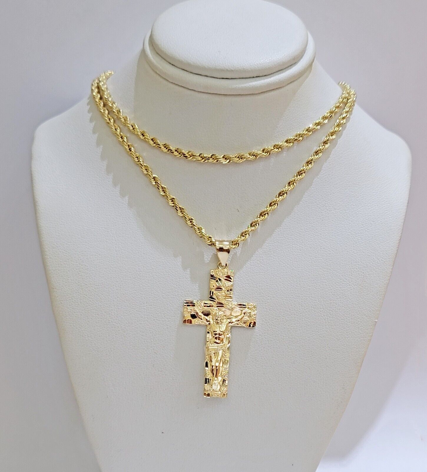 10k Yellow Gold Rope Chain Nugget Cross Charm Set 28 Inch necklace pendant, REAL - GoldenlinQ